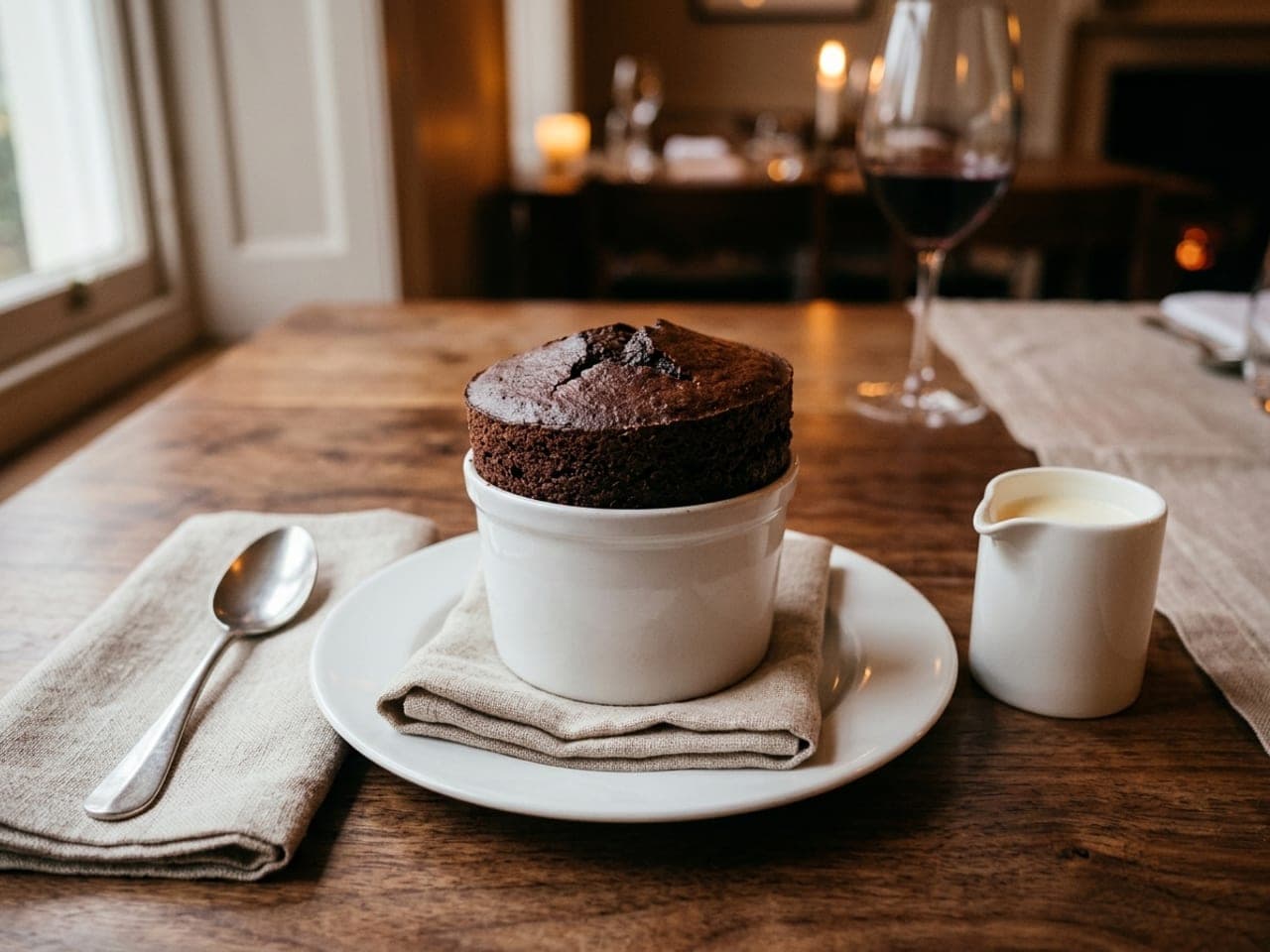 A chocolate soufflé risen tall above the rim of a white ramekin, standing on a folded linen napkin on a small plate