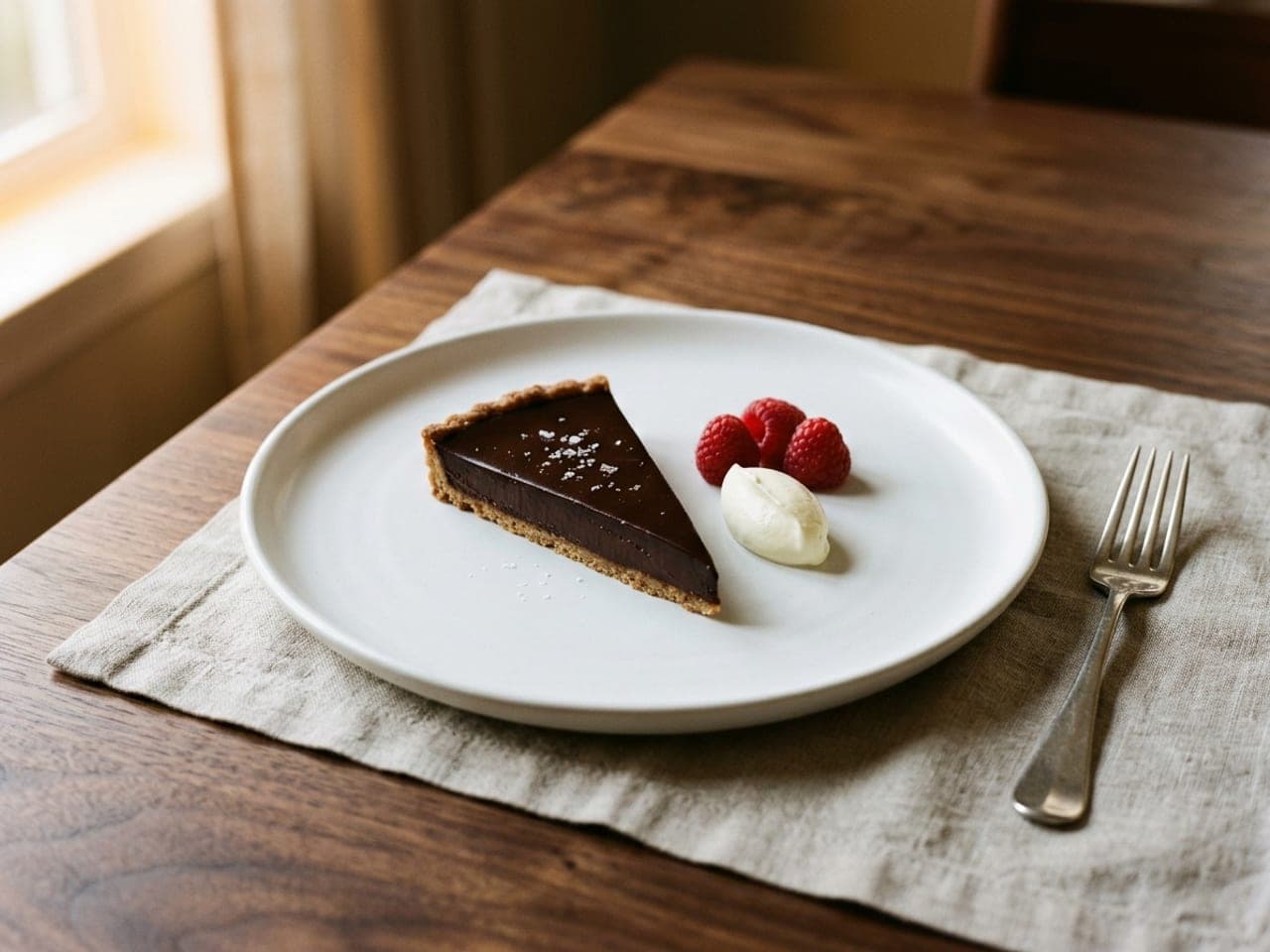 A slim wedge of dark chocolate ganache tart with a nut crust on a white plate, a quenelle of crème fraîche and raspberries beside it