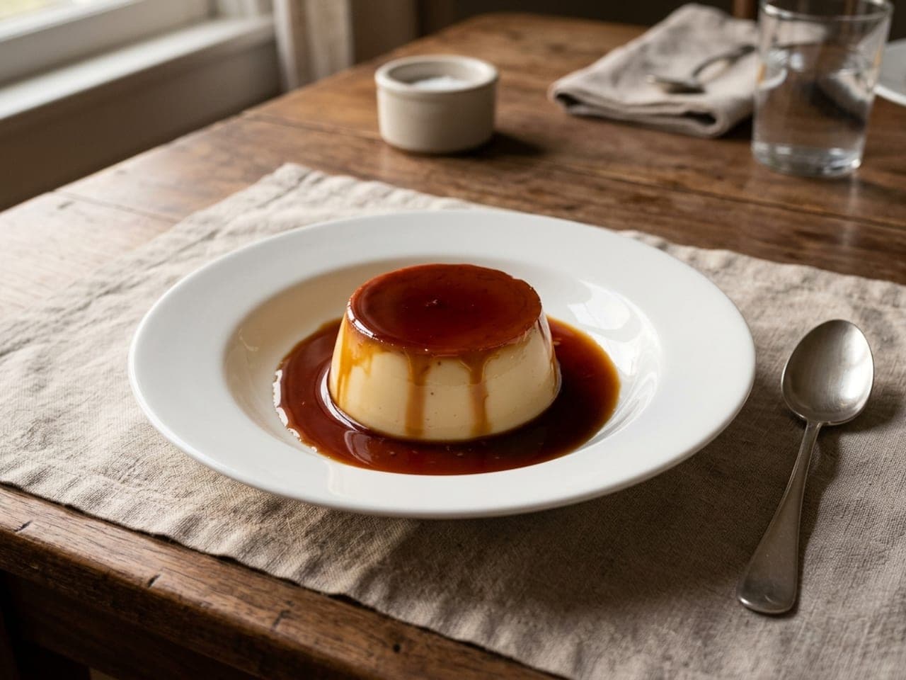A crème caramel turned out onto a white rimmed plate, amber caramel running over the custard and pooling around it