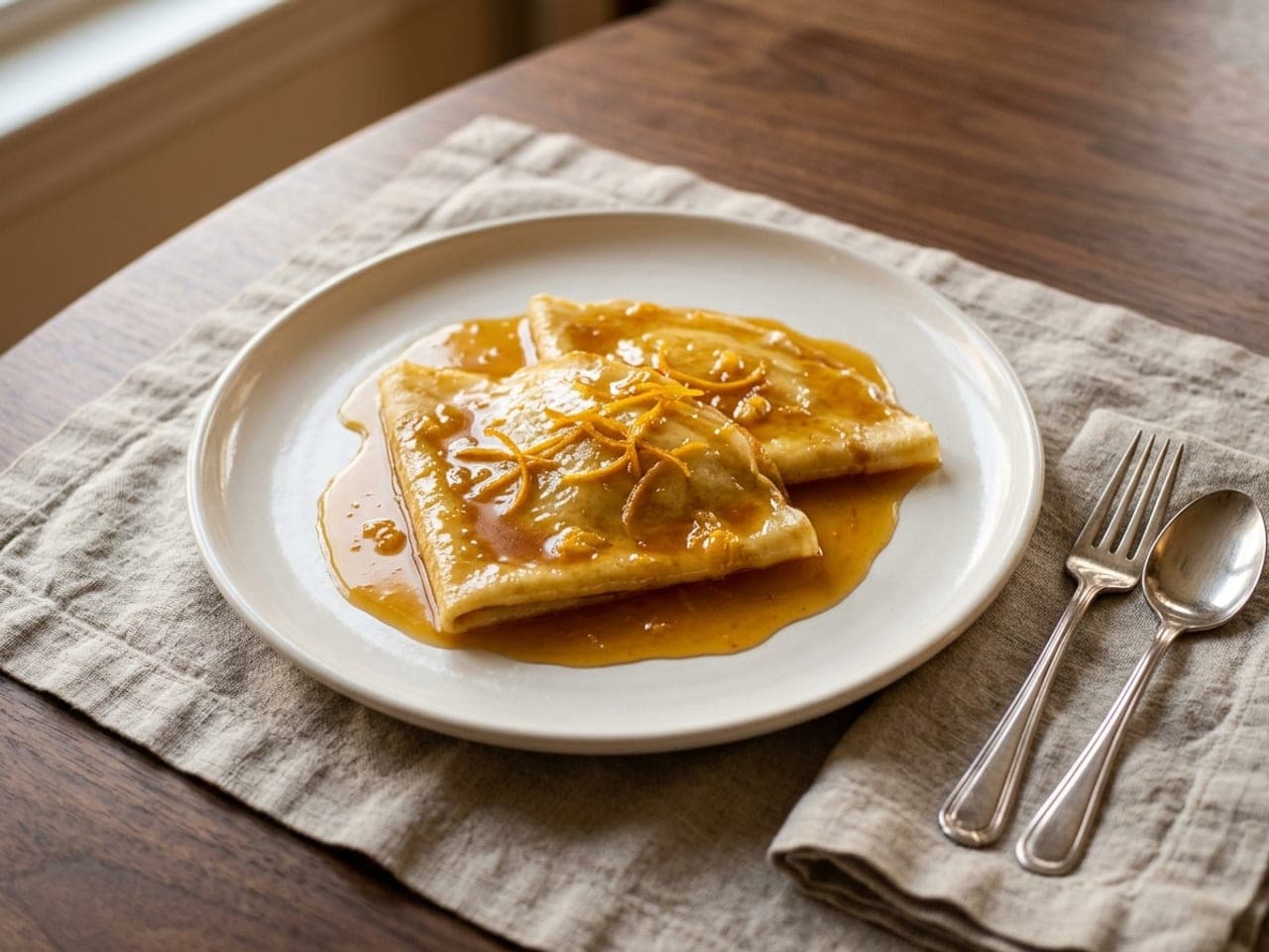 Crêpes Suzette folded in quarters and overlapped on a white plate, glossy orange butter sauce spooned over them