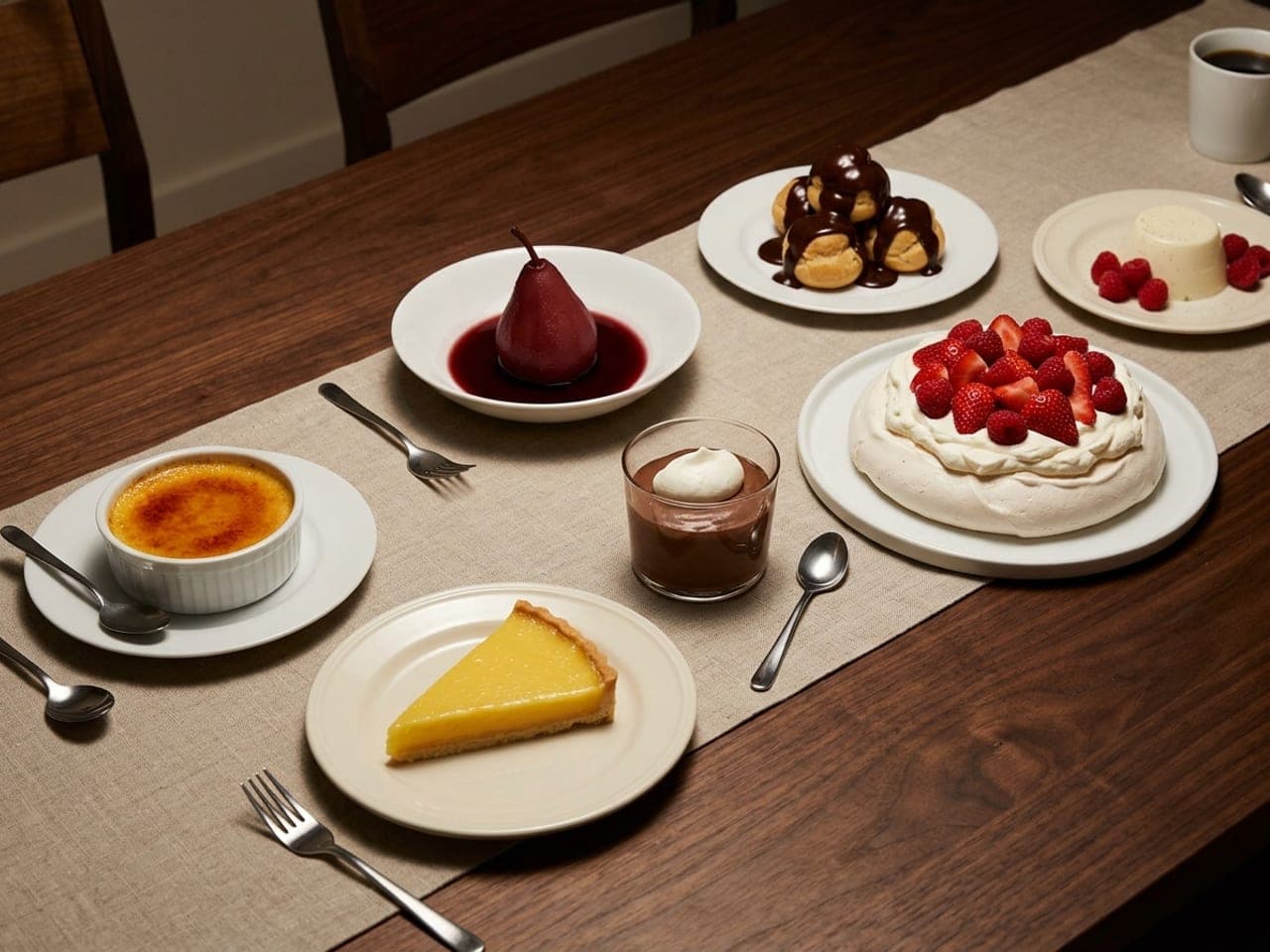 A dinner table in evening light set with plated desserts, among them crème brûlée in a ramekin, a wedge of lemon tart, chocolate mousse in a glass, a pavlova with berries, a poached pear and profiteroles with chocolate sauce