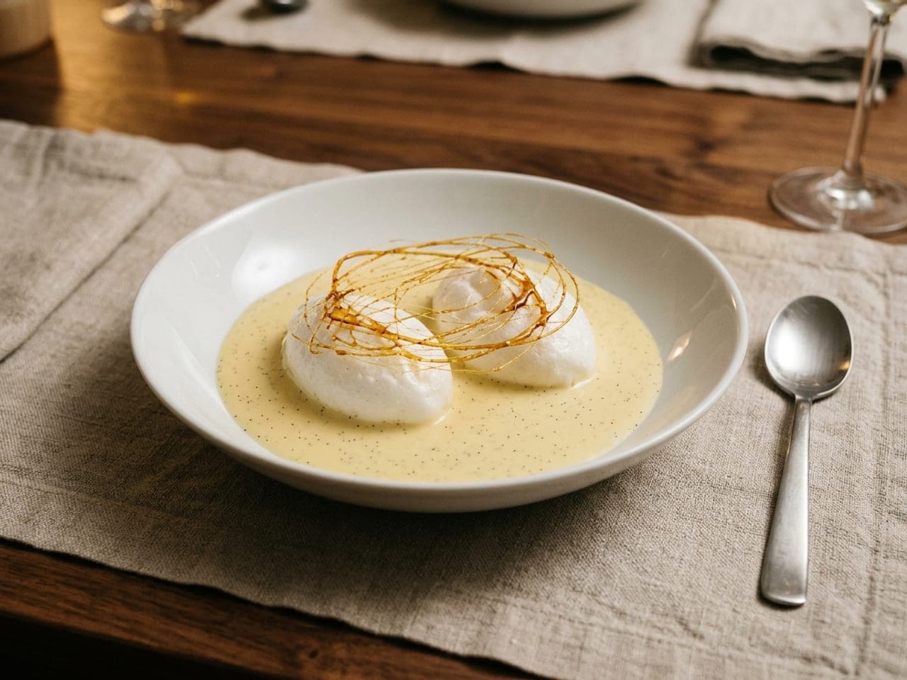 Poached meringues floating on pale vanilla custard in a shallow white bowl, fine threads of amber caramel over the top