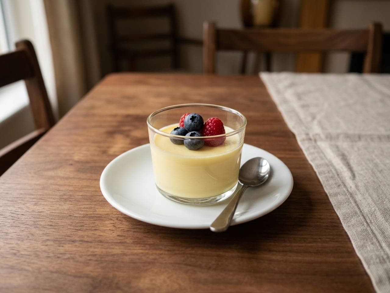 Lemon posset set in a small clear glass on a white saucer, topped with a few blueberries and raspberries