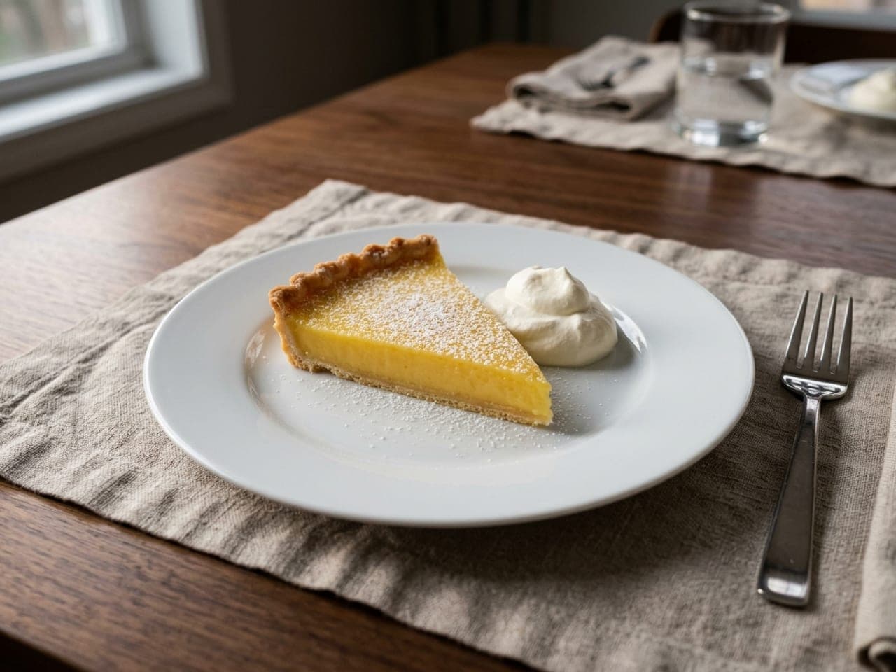 A wedge of lemon tart with a smooth yellow filling and a crisp pastry edge on a flat white plate, a spoonful of whipped cream beside it