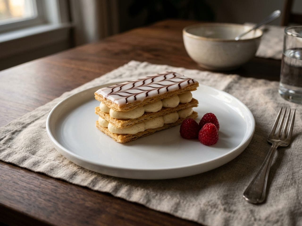 A layered mille-feuille on a flat white plate, crisp puff pastry and piped vanilla cream under white icing feathered with chocolate, raspberries beside it