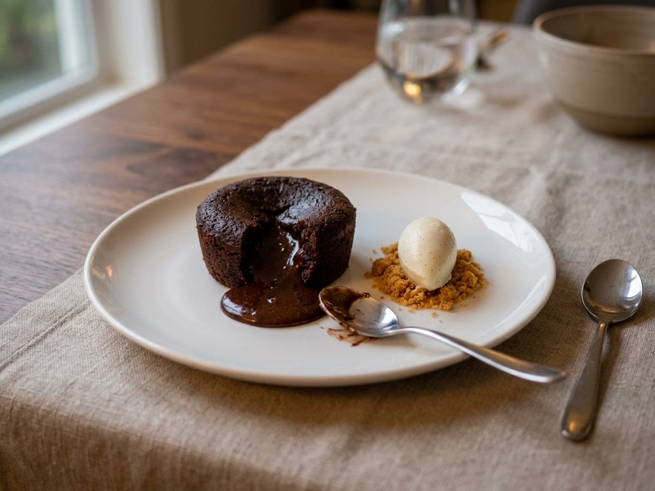 A small molten chocolate cake turned out on a white plate, cut open with its center flowing, a quenelle of vanilla ice cream beside it on cookie crumbs