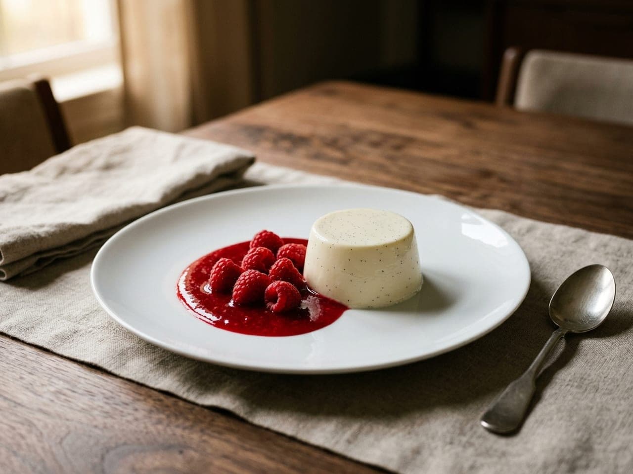 An unmolded vanilla panna cotta on a white plate with raspberries and a spoonful of red coulis beside it