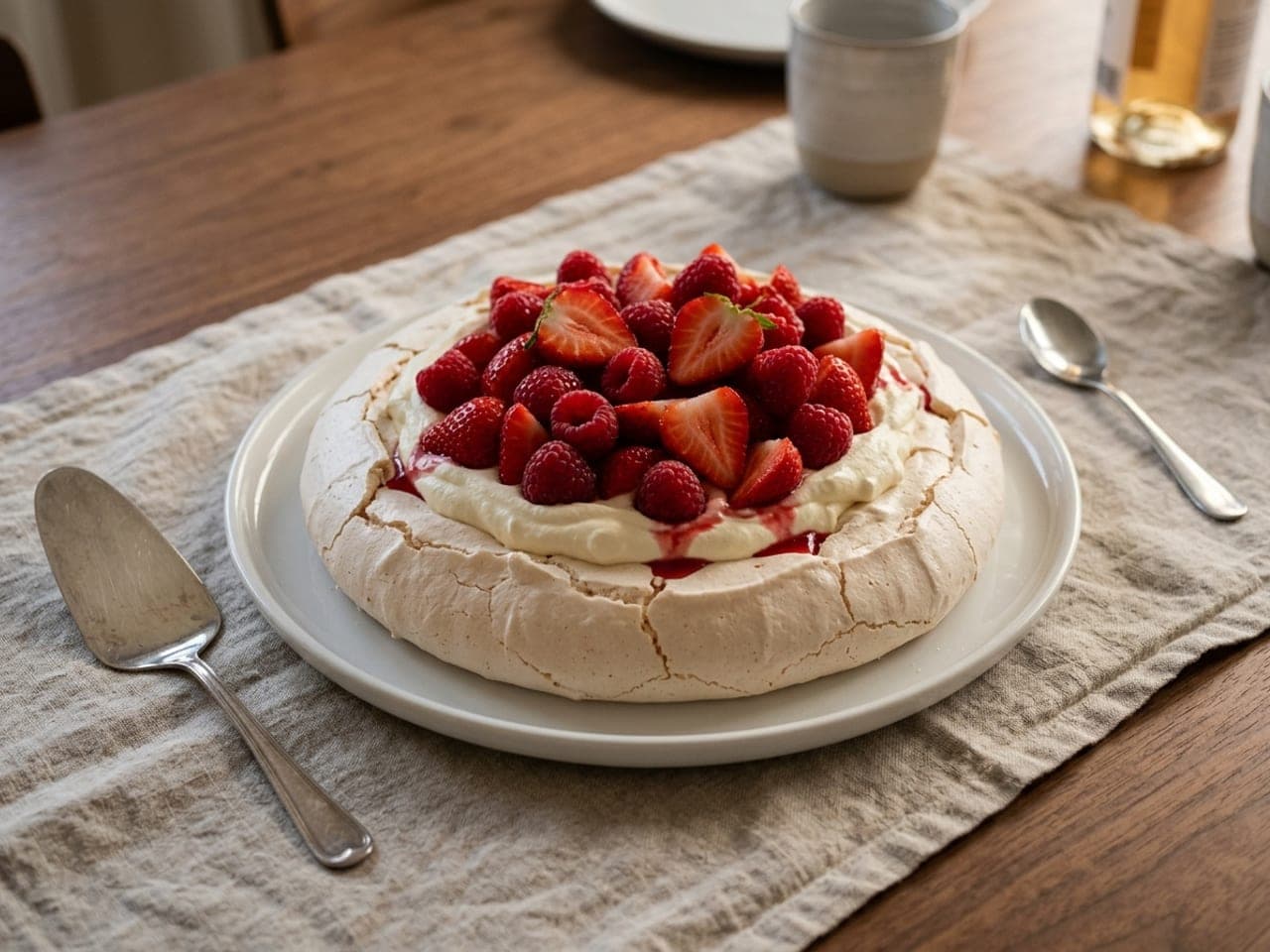 A whole pavlova on a white platter, a crisp cracked meringue shell filled with thick cream and topped with strawberries and raspberries