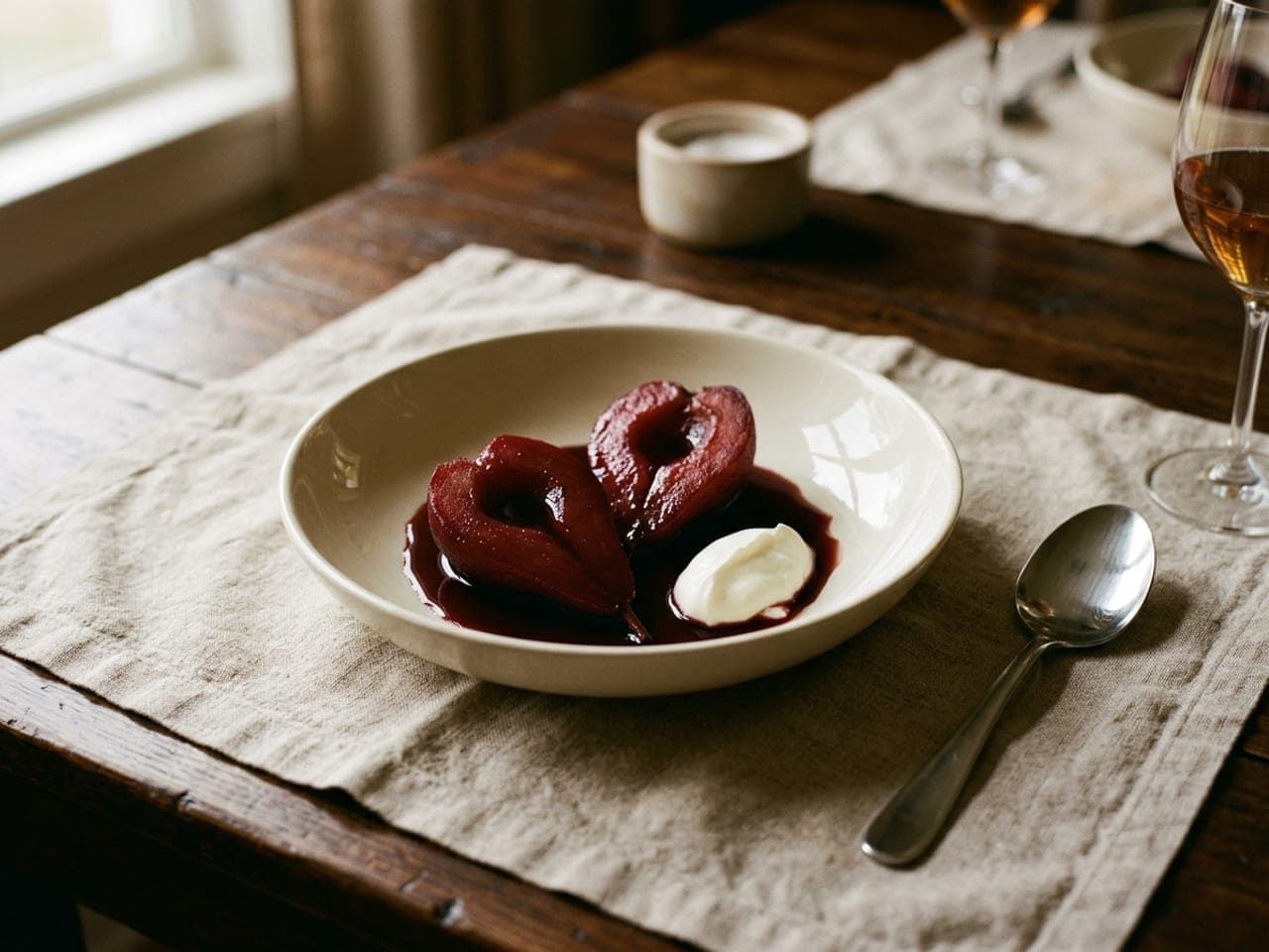 Pear halves poached in red wine in a shallow white bowl, glossy dark syrup spooned over, a spoonful of crème fraîche beside them