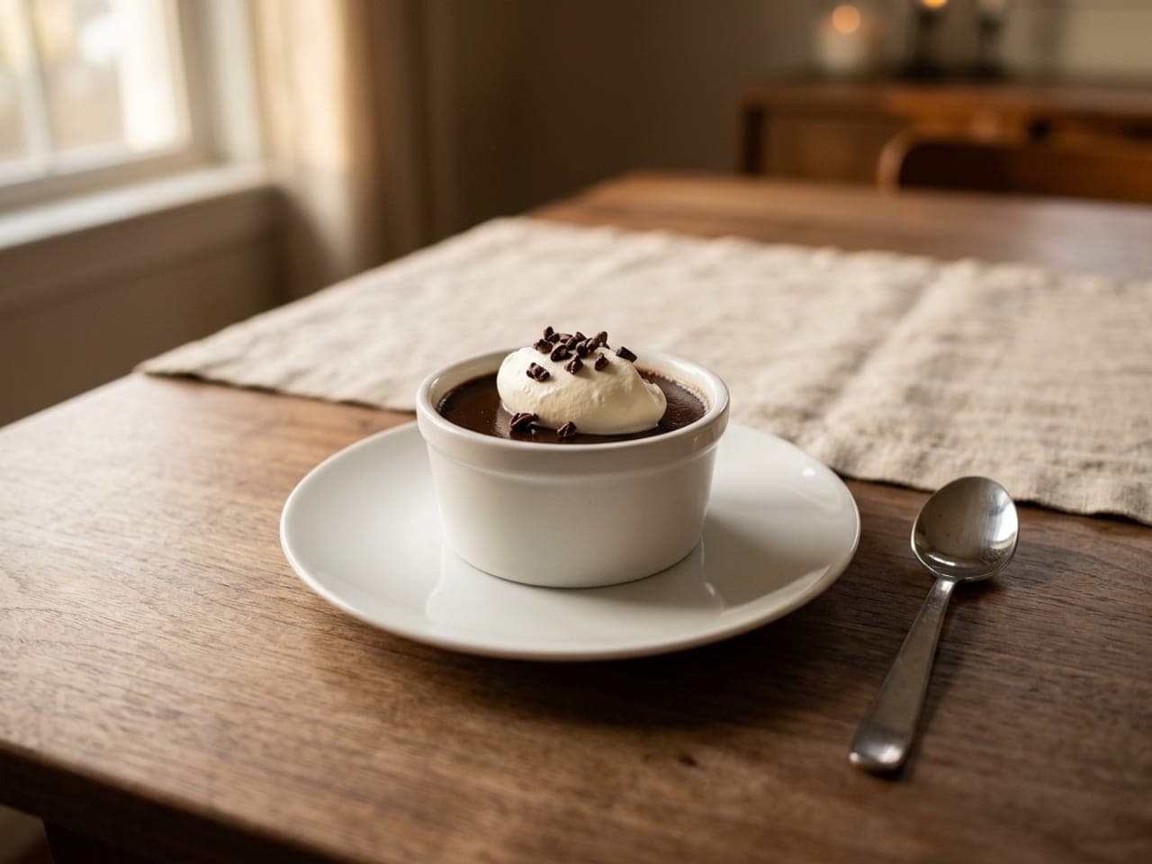 A chocolate pot de crème in a white ramekin on a small plate, topped with whipped cream and cacao nibs