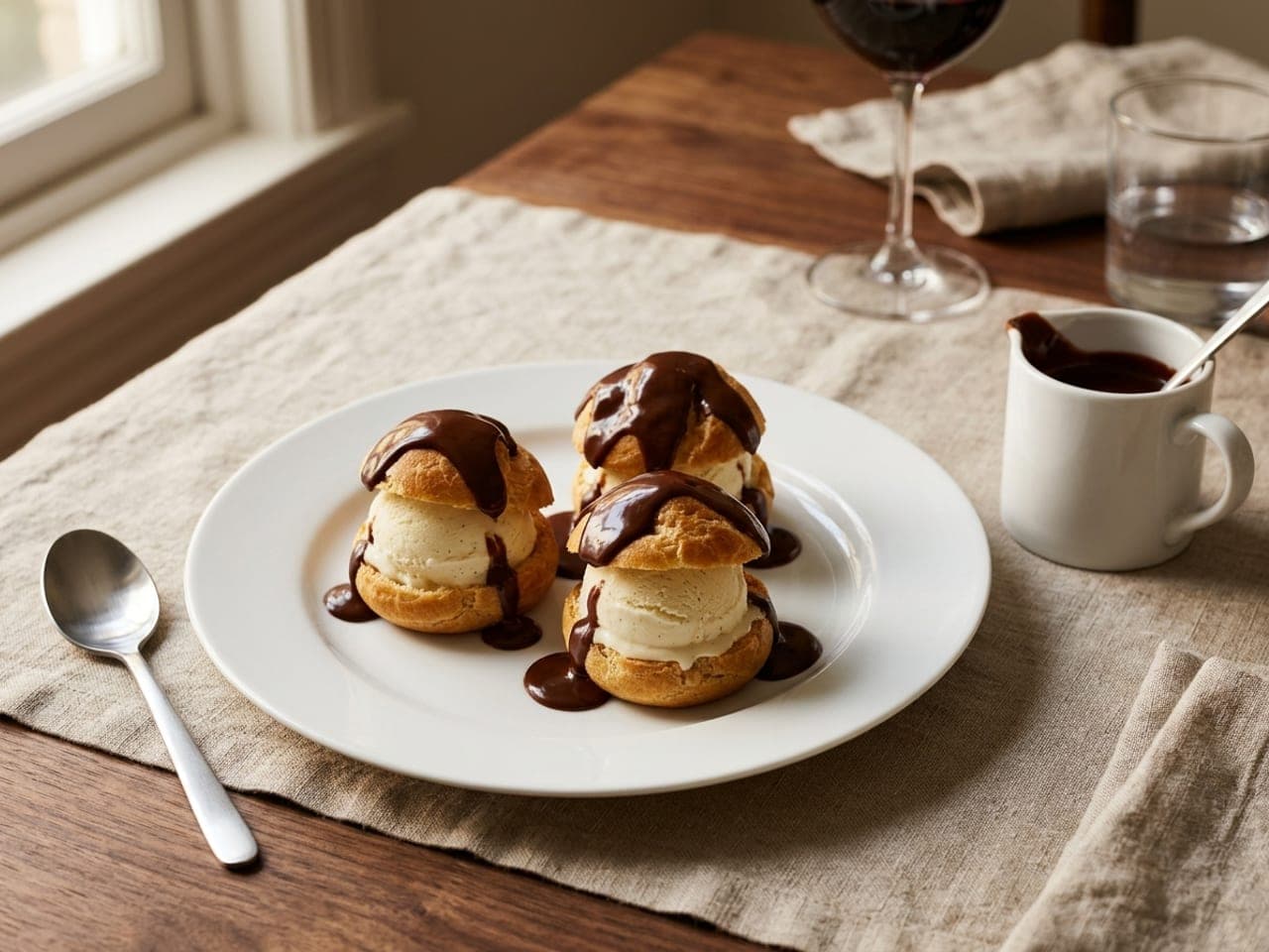 Profiteroles filled with vanilla ice cream on a white plate, glossy dark chocolate sauce poured over them