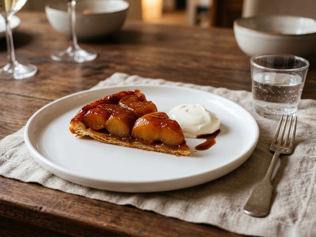 A wedge of tarte Tatin on a white plate, deep amber caramelized apples on crisp puff pastry, a spoonful of crème fraîche beside it