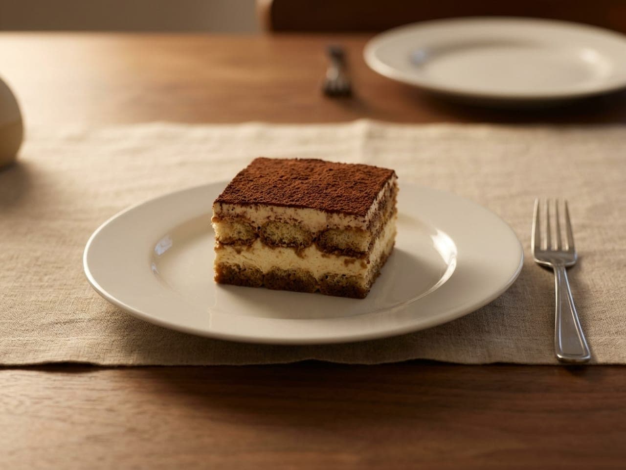 A square of tiramisu on a small white plate, layers of soaked ladyfingers and mascarpone cream under a dusting of cocoa