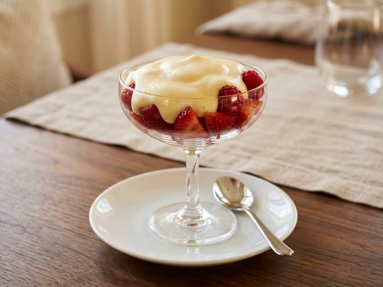 Warm pale yellow zabaglione foam spooned over strawberries and raspberries in a stemmed glass coupe on a white saucer