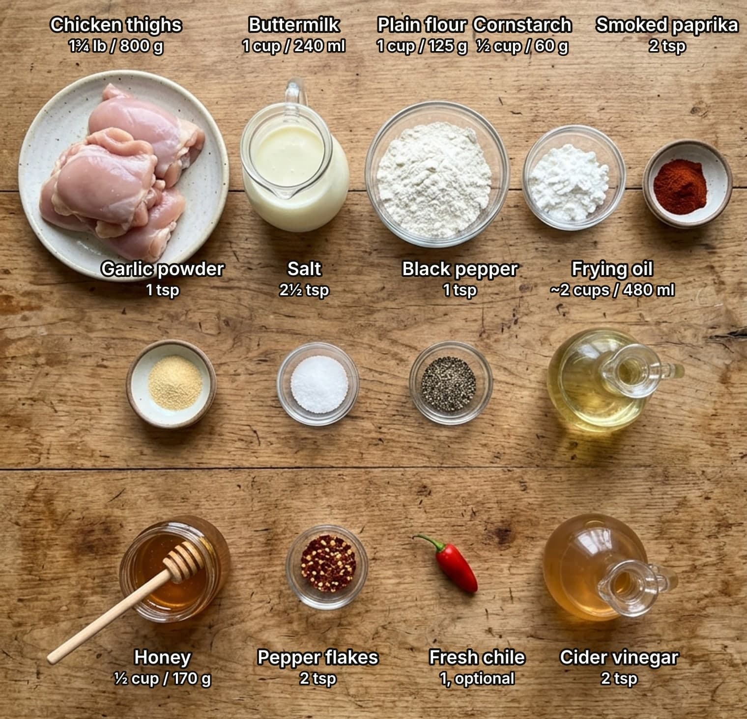 All thirteen hot honey chicken ingredients laid out overhead on a wooden kitchen counter and labelled with quantities: chicken thighs, buttermilk, flour, cornstarch and smoked paprika on top; garlic powder, salt, black pepper and frying oil in the middle; honey, pepper flakes, a fresh chile and cider vinegar below.