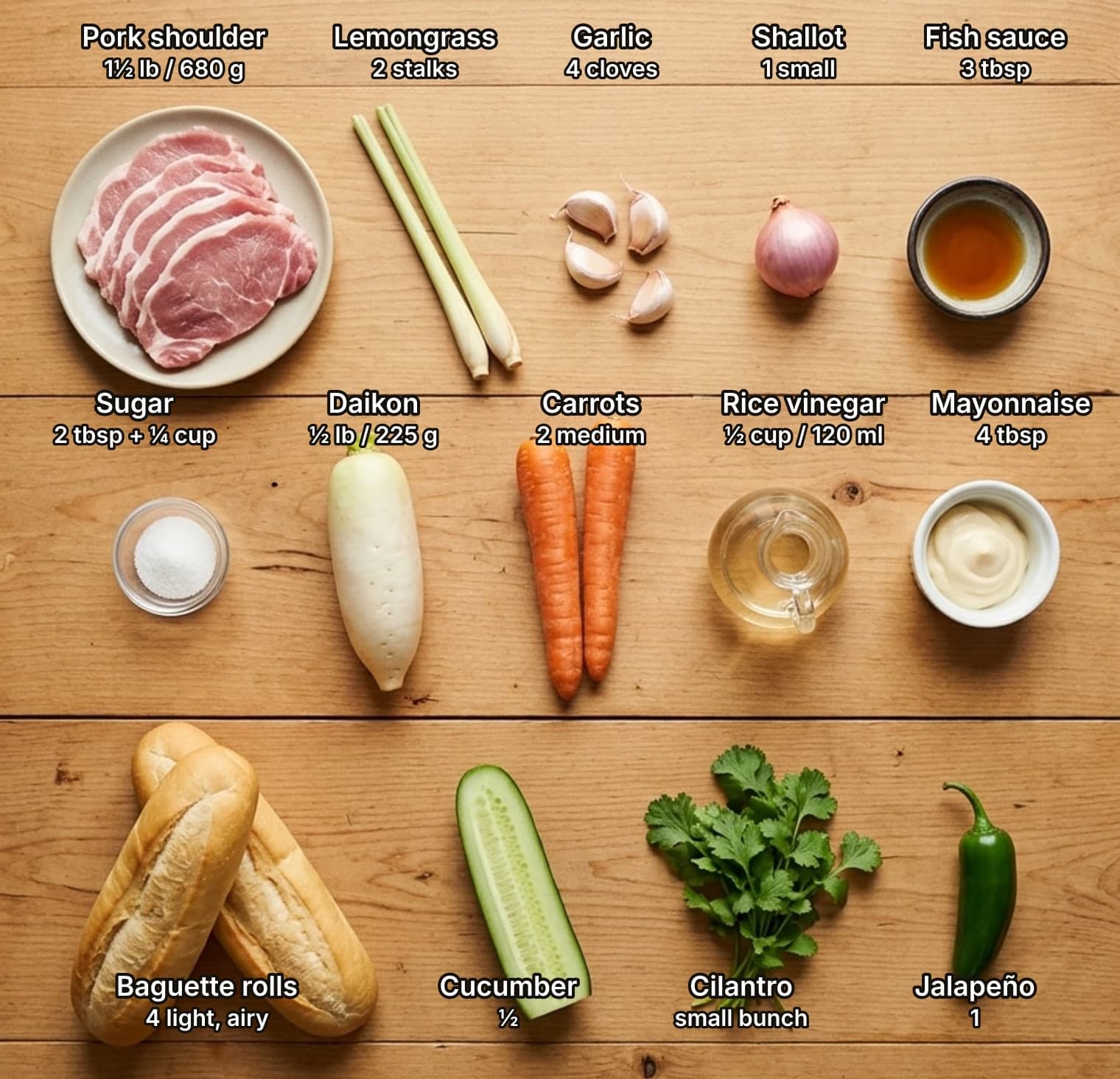 Fourteen banh mi ingredients laid out overhead on a wooden kitchen counter and labelled with quantities: pork shoulder, lemongrass, garlic, a shallot and fish sauce on top; sugar, daikon, carrots, rice vinegar and mayonnaise in the middle; baguette rolls, cucumber, cilantro and a jalapeño below.