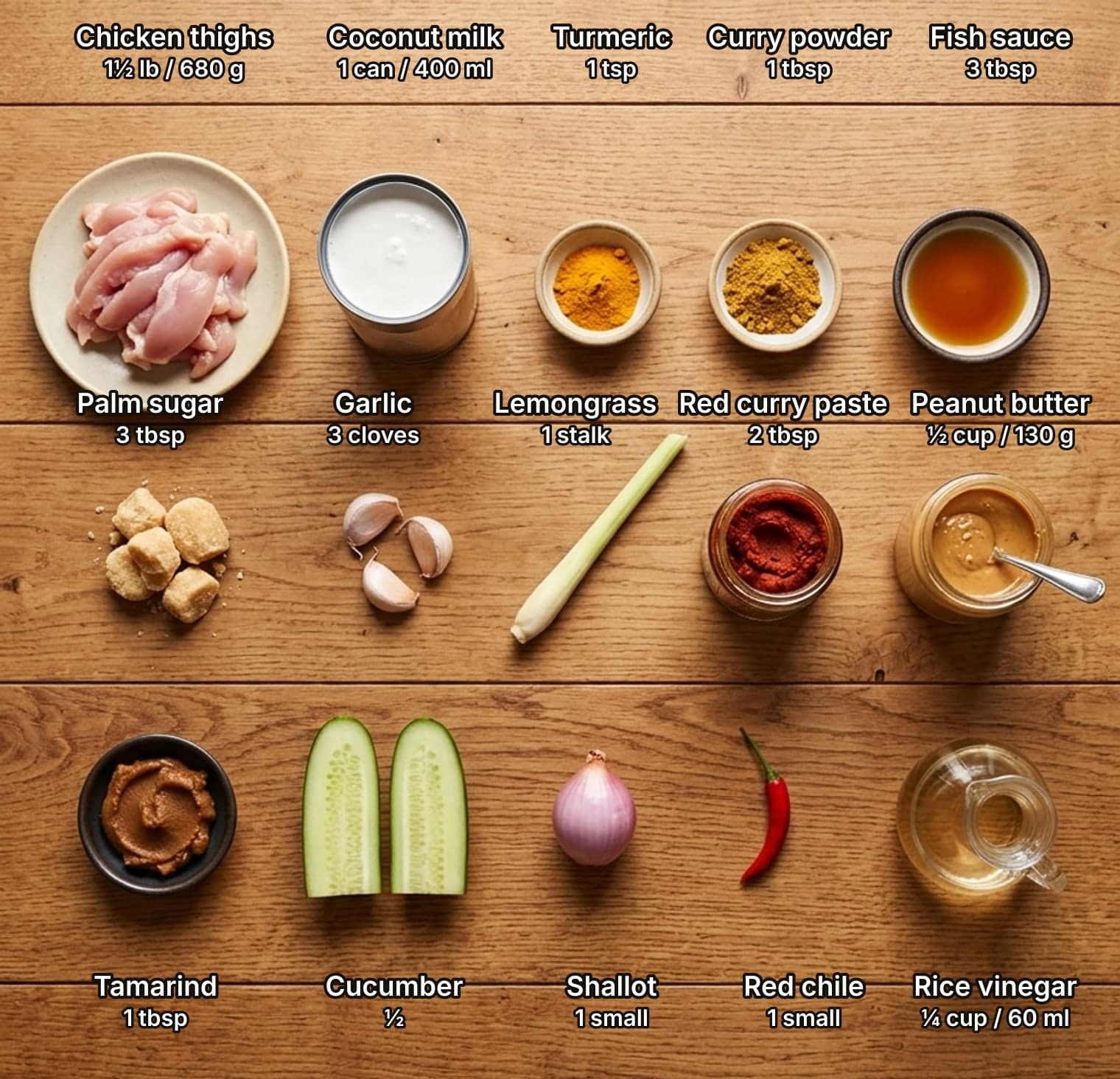 Fifteen chicken satay ingredients laid out overhead on a wooden kitchen counter and labelled with quantities: chicken thighs, a can of coconut milk, turmeric, curry powder and fish sauce on top; palm sugar, garlic, lemongrass, red curry paste and peanut butter in the middle; tamarind, cucumber, a shallot, a red chile and rice vinegar below.