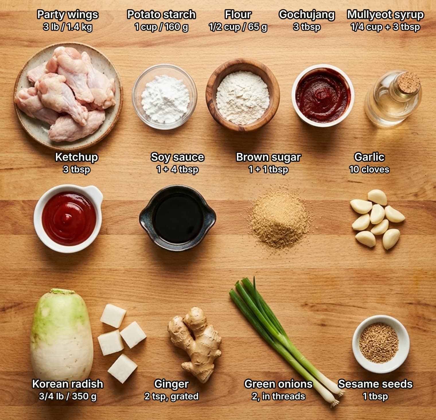 Thirteen Korean fried chicken ingredients laid out overhead on a wooden kitchen counter and labelled with quantities: party wings, potato starch, flour, gochujang and mullyeot syrup on top; ketchup, soy sauce, brown sugar and garlic in the middle; Korean radish, ginger, green onions and sesame seeds below.