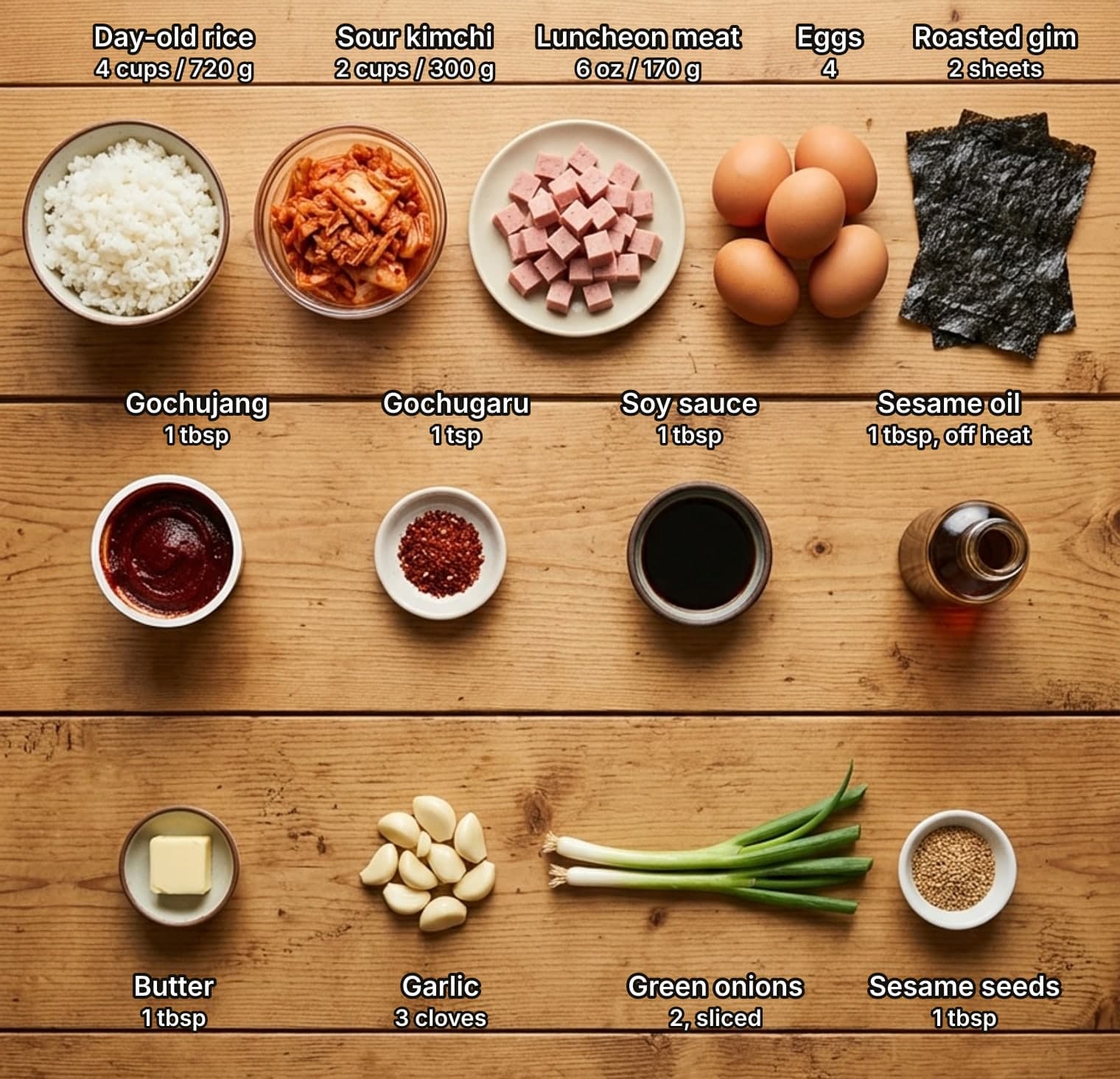 Thirteen kimchi fried rice ingredients laid out overhead on a wooden kitchen counter and labelled with quantities: day-old rice, sour kimchi, luncheon meat, eggs and roasted seaweed on top; gochujang, gochugaru, soy sauce and sesame oil in the middle; butter, garlic, green onions and sesame seeds below.