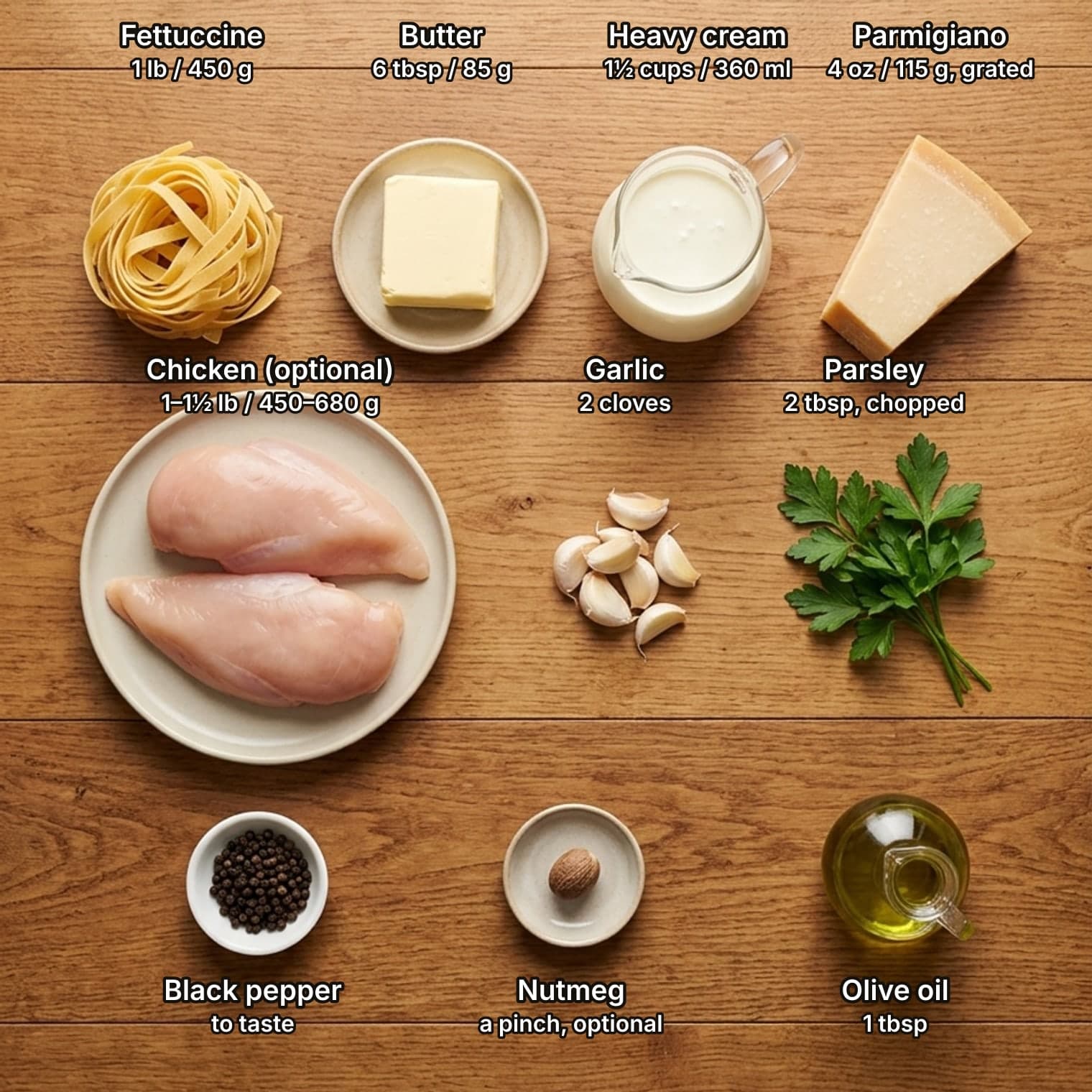 Ingredients for alfredo sauce laid out overhead on a wooden kitchen counter and labelled with quantities: a nest of dry fettuccine, a block of butter, a jug of heavy cream and a wedge of Parmigiano-Reggiano on top; raw chicken breasts, garlic cloves and flat-leaf parsley in the middle; black peppercorns, a whole nutmeg and a cruet of olive oil below.