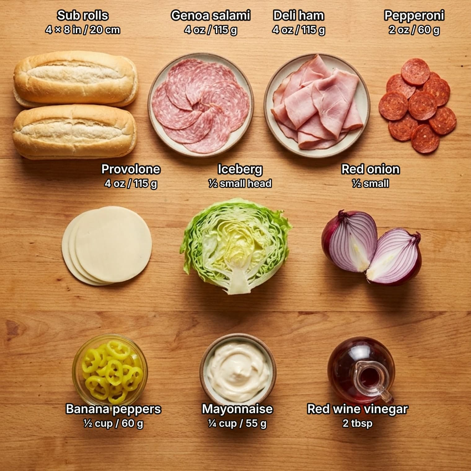 Ingredients for a chopped Italian sandwich laid out overhead on a wooden kitchen counter and labelled with quantities: two sub rolls, fanned Genoa salami, folded deli ham and a pile of pepperoni on top; sliced provolone, half a head of iceberg lettuce and half a red onion in the middle; a bowl of banana pepper rings, a bowl of mayonnaise and a cruet of red wine vinegar below.
