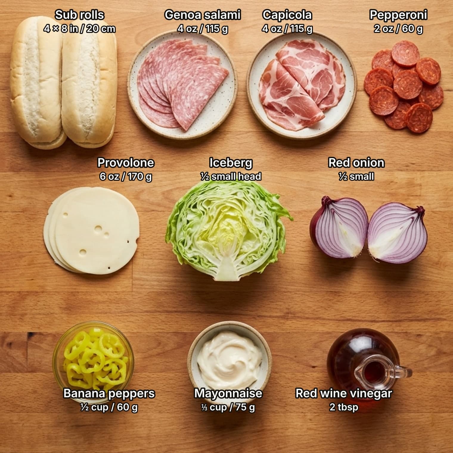 Ingredients for an Italian grinder sandwich laid out overhead on a wooden kitchen counter and labelled with quantities: two sub rolls, fanned Genoa salami, folded capicola and a pile of pepperoni on top; sliced provolone, half a head of iceberg lettuce and half a red onion in the middle; a bowl of banana pepper rings, a bowl of mayonnaise and a cruet of red wine vinegar below.