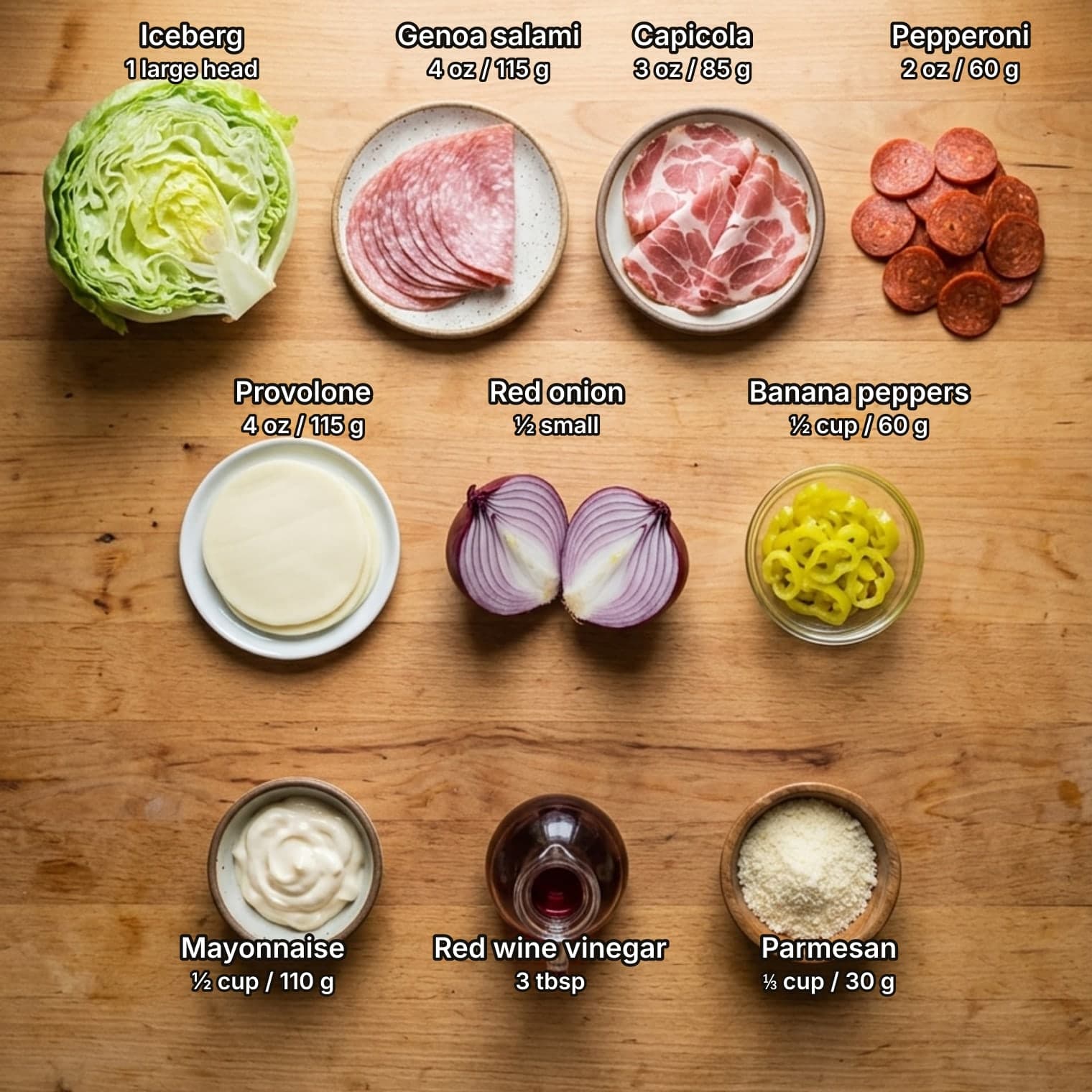 Ingredients for an Italian grinder salad laid out overhead on a wooden kitchen counter and labelled with quantities: half a head of iceberg lettuce, fanned Genoa salami, folded capicola and a pile of pepperoni on top; sliced provolone, a halved red onion and a bowl of banana pepper rings in the middle; a bowl of mayonnaise, a cruet of red wine vinegar and a bowl of grated Parmesan below.