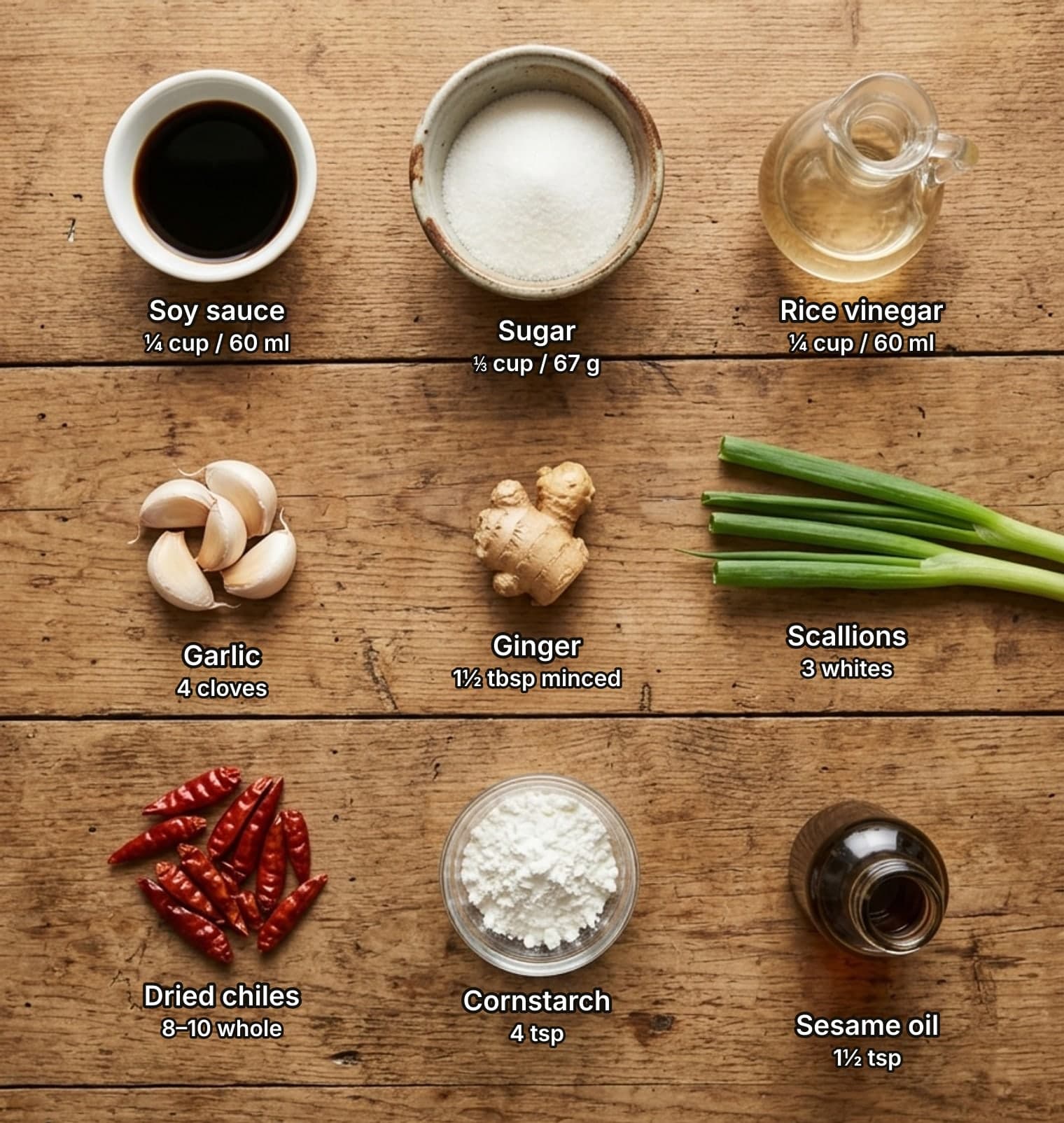 Ingredients for General Tso sauce laid out overhead on a wooden kitchen counter and labelled with quantities: bowls of soy sauce and sugar and a cruet of rice vinegar on top; garlic cloves, a knob of ginger and three scallions in the middle; a pile of whole dried red chiles, a bowl of cornstarch and a bottle of sesame oil below.