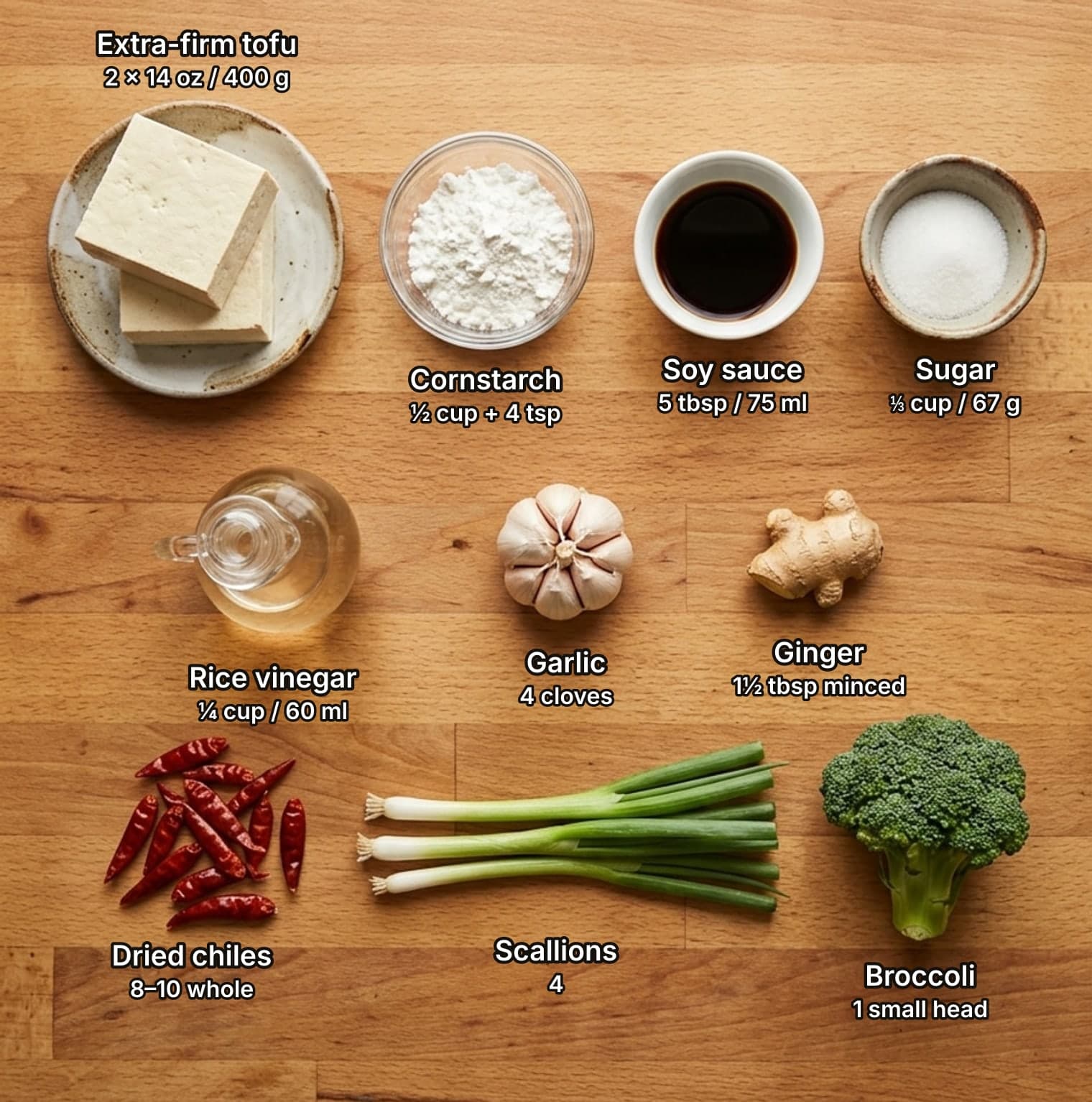 Ingredients for General Tso's tofu laid out overhead on a wooden kitchen counter and labelled with quantities: two blocks of extra-firm tofu, bowls of cornstarch, soy sauce and sugar on top; a cruet of rice vinegar, a garlic bulb and a knob of ginger in the middle; a pile of whole dried red chiles, four scallions and a head of broccoli below.