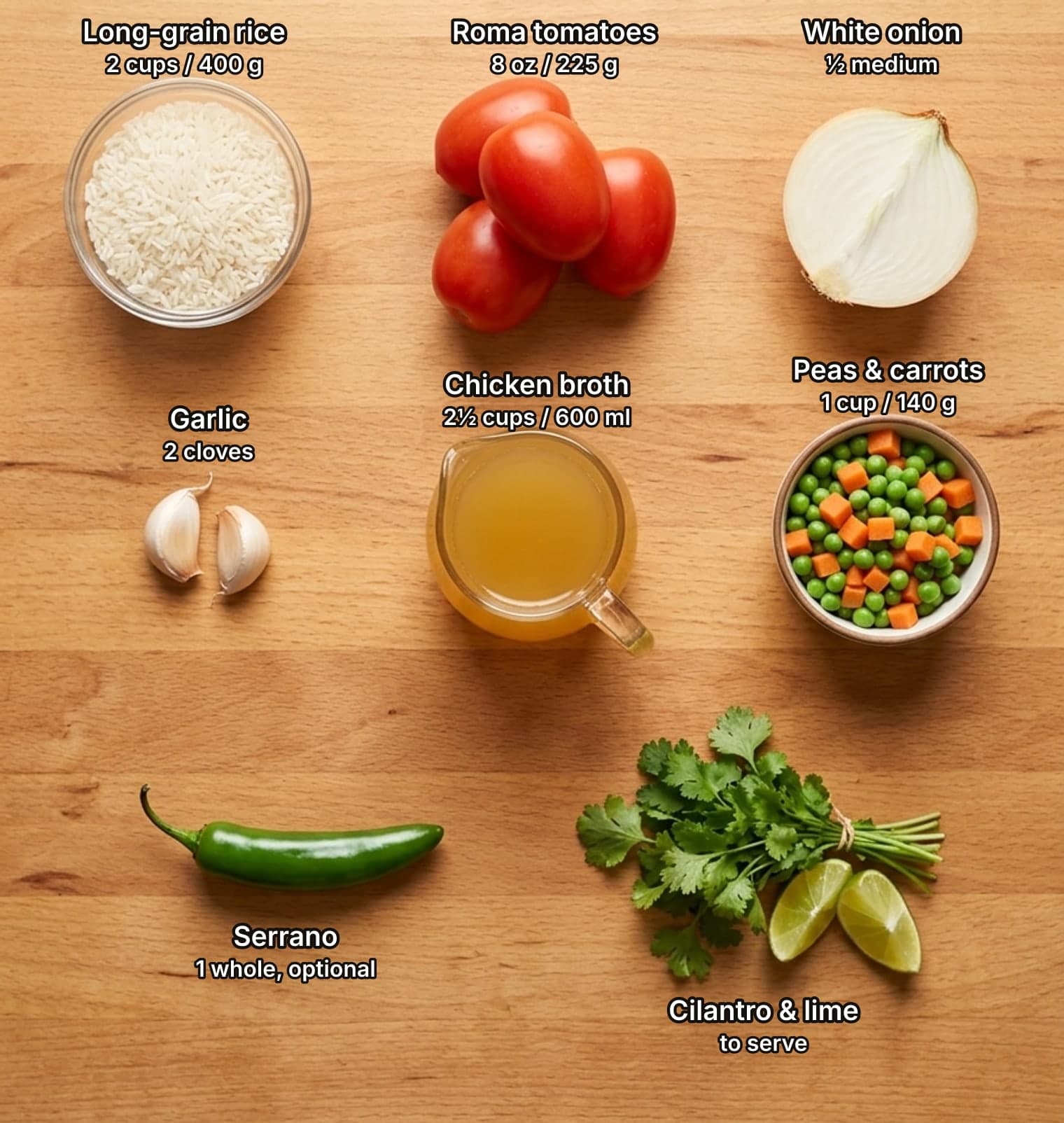 Ingredients for Spanish rice laid out overhead on a wooden kitchen counter and labelled with quantities: a bowl of dry long-grain rice, roma tomatoes and half a white onion on top; garlic cloves, a pitcher of chicken broth and a bowl of peas and diced carrots in the middle; a whole serrano chile and a bunch of cilantro with lime wedges below.