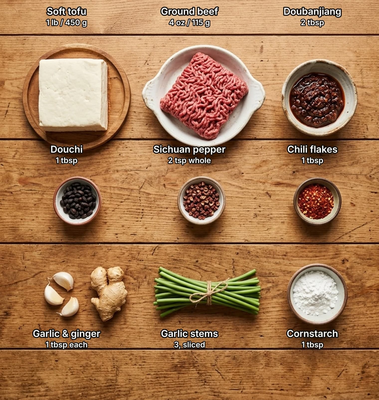 Ingredients for mapo tofu laid out overhead on a wooden kitchen counter and labelled with quantities: a block of soft tofu, raw ground beef and a bowl of dark red fermented broad-bean chili paste on top; small bowls of fermented black soybeans, whole Sichuan peppercorns and coarse chili flakes in the middle; garlic and ginger, a bundle of green garlic stems and a bowl of cornstarch below.