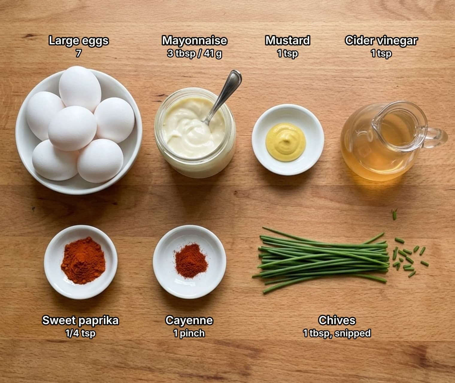 Deviled egg ingredients laid out overhead on a wooden board and labelled with quantities: a bowl of raw eggs in their shells, an open jar of mayonnaise with a spoon, yellow mustard and a small jug of cider vinegar across the top; sweet paprika, cayenne and a bundle of chives below.