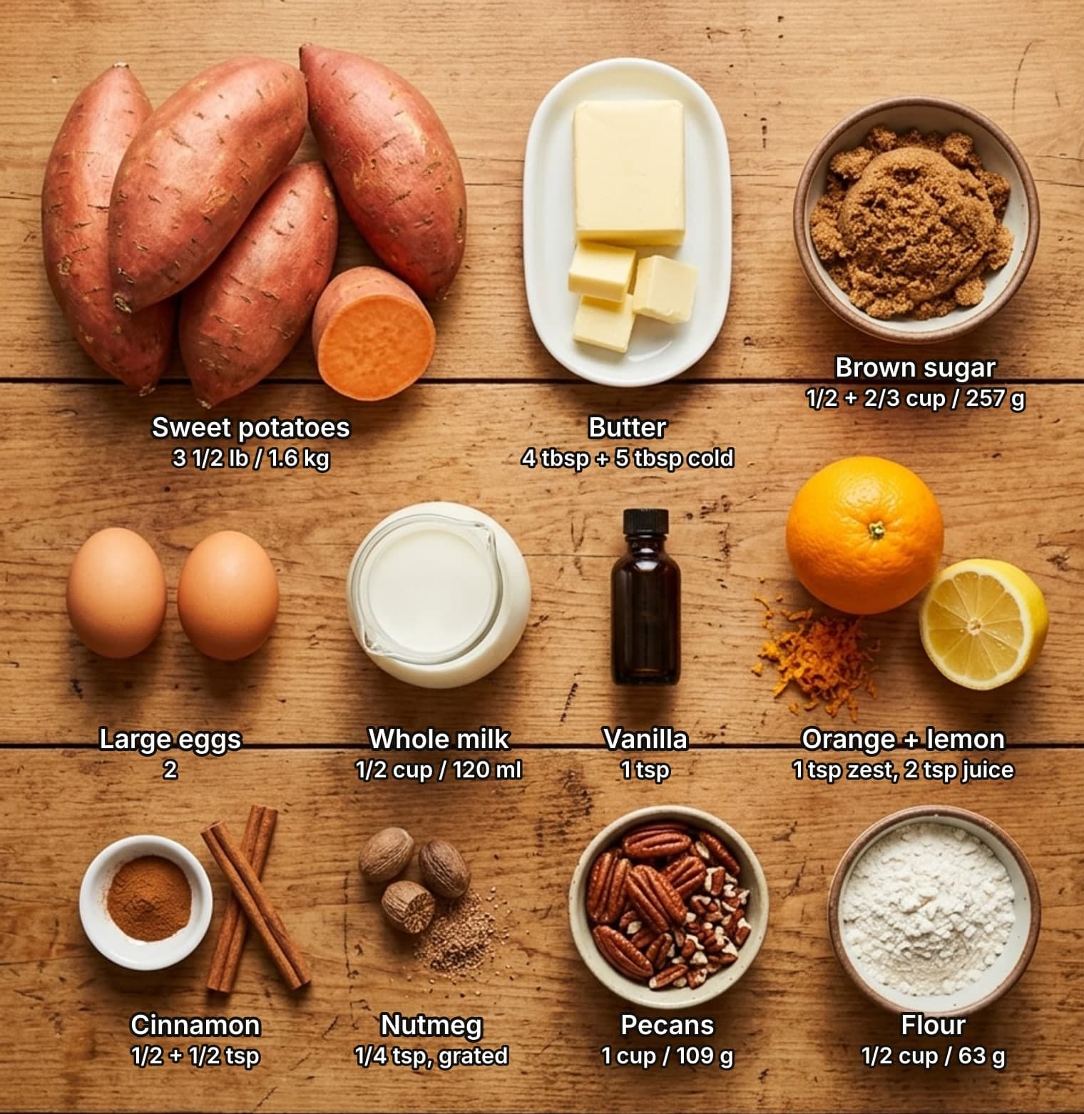 Sweet potato casserole ingredients laid out overhead on a wooden counter and labelled with quantities: whole sweet potatoes with one cut to show the orange flesh, a block of butter with cubes cut from it and a bowl of brown sugar across the top; two eggs, a small jug of milk, a bottle of vanilla, and an orange with grated zest beside half a lemon in the middle; ground cinnamon with cinnamon sticks, whole and grated nutmeg, a bowl of pecans and a bowl of flour below.