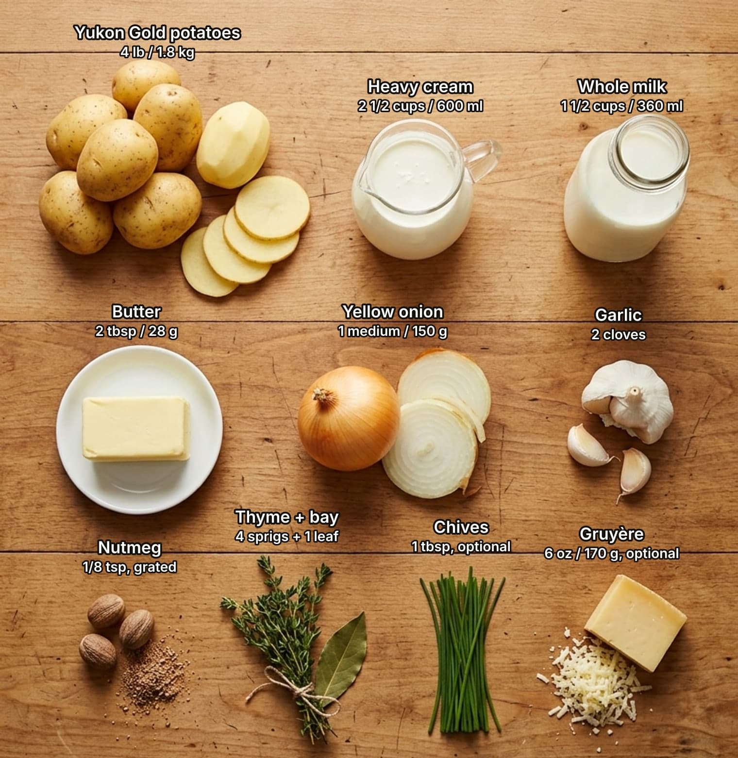 Scalloped potato ingredients laid out overhead on a wooden counter and labelled with quantities: Yukon Gold potatoes with a few thin slices, a jug of heavy cream and a bottle of whole milk across the top; butter, a yellow onion and garlic in the middle; nutmeg, thyme and a bay leaf, chives and a wedge of Gruyère below.