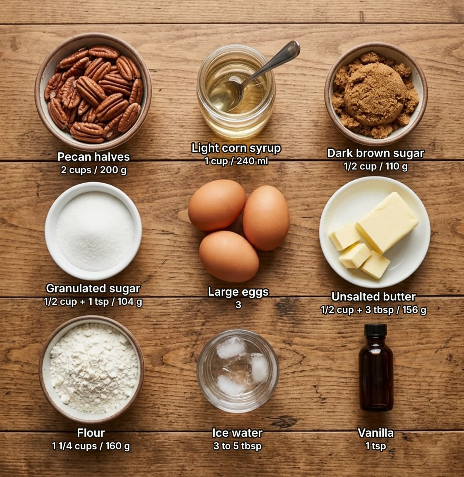 Pecan pie ingredients laid out overhead on a wooden counter and labelled with quantities: a bowl of pecan halves, a jar of light corn syrup with a spoon and a bowl of dark brown sugar across the top; a bowl of granulated sugar, three eggs and a block of butter with cubes cut from it in the middle; a bowl of flour, a glass of ice water and a small bottle of vanilla below.