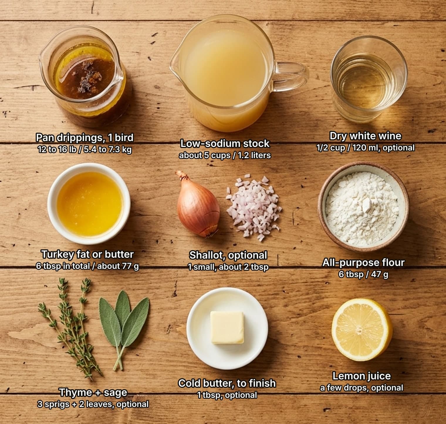 Turkey gravy ingredients laid out overhead on a wooden counter and labelled with quantities: a glass jug of dark pan drippings with golden fat floating on top, a jug of pale turkey stock and a small glass of dry white wine across the top; a bowl of melted turkey fat, a shallot beside a pile of minced shallot and a bowl of flour in the middle; thyme sprigs with sage leaves, a cube of cold butter and a lemon half below.