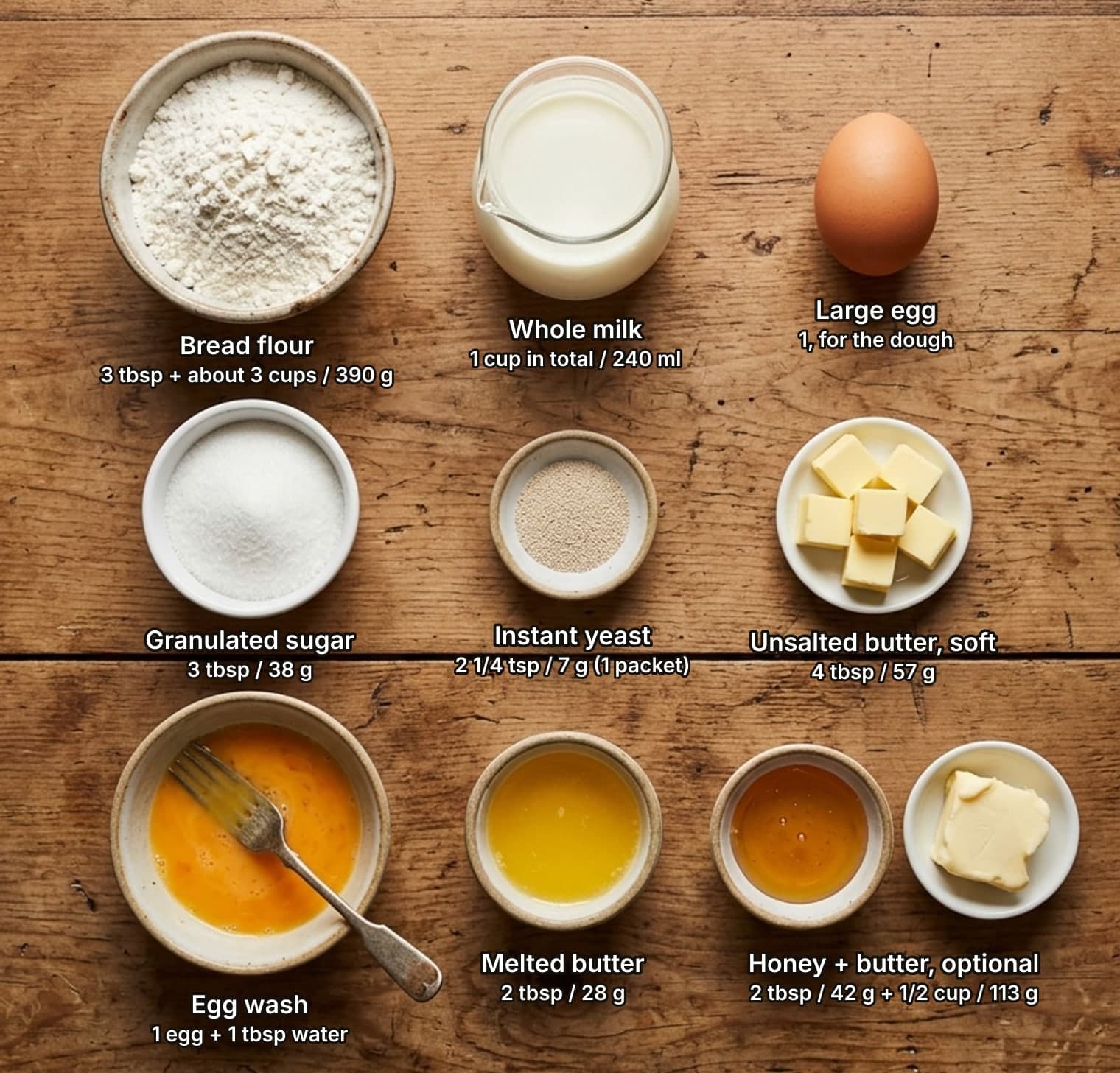 Dinner roll ingredients laid out overhead on a wooden counter and labelled with quantities: a bowl of bread flour, a glass jug of whole milk and a brown egg across the top; bowls of granulated sugar and instant yeast and a dish of butter cubes in the middle; a bowl of beaten egg with a fork for the egg wash, a bowl of melted butter, and a bowl of honey beside a block of soft butter below.