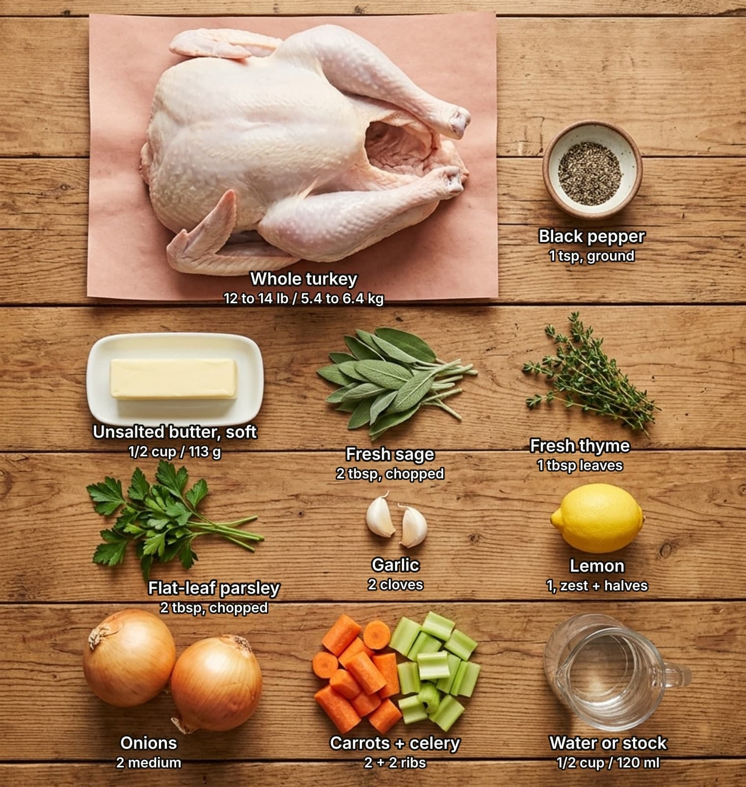 Roast turkey ingredients laid out overhead on a wooden counter and labelled with quantities: a raw whole turkey on butcher paper beside a small bowl of ground black pepper across the top; a stick of butter on a white dish, fresh sage and fresh thyme in the second row; flat-leaf parsley, two garlic cloves and a lemon in the third row; two onions, carrot and celery chunks, and a glass jug of water below.