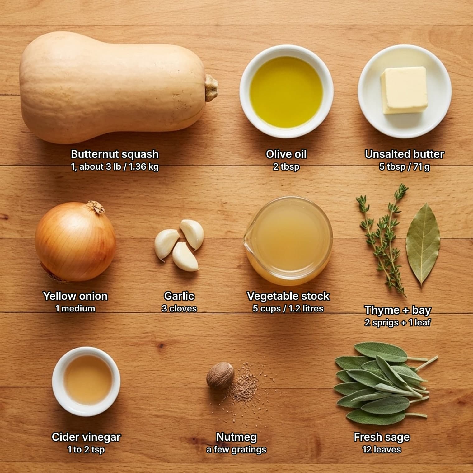 Butternut squash soup ingredients laid out overhead on a wooden counter and labelled with quantities: a whole butternut squash, a dish of olive oil and a block of butter across the top; a yellow onion, three garlic cloves, a glass jug of vegetable stock, and thyme sprigs with a bay leaf in the middle row; a small bowl of cider vinegar, a whole nutmeg with gratings and a pile of fresh sage leaves below.