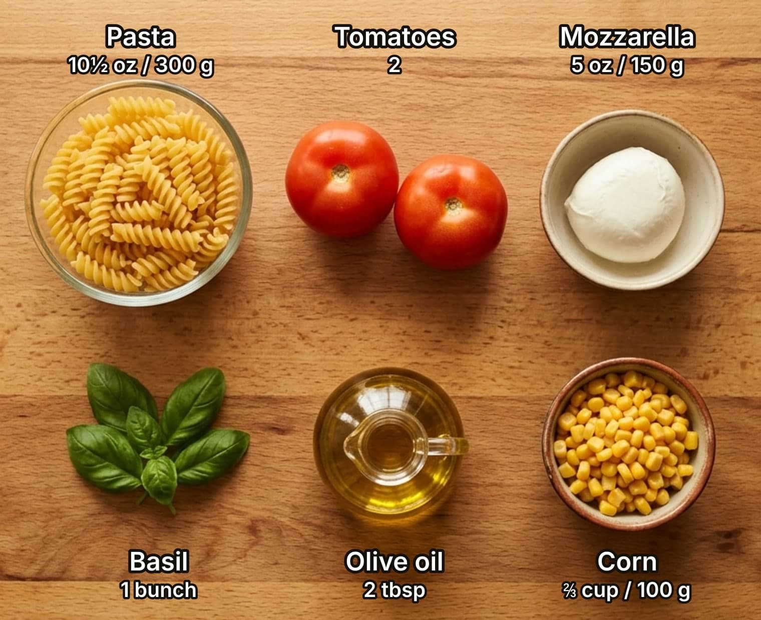 Ingredients for pasta salad laid out overhead on a wooden kitchen counter and labelled with quantities: a bowl of dry fusilli, two tomatoes and a ball of mozzarella, with a bunch of basil, a cruet of olive oil and a bowl of sweetcorn.