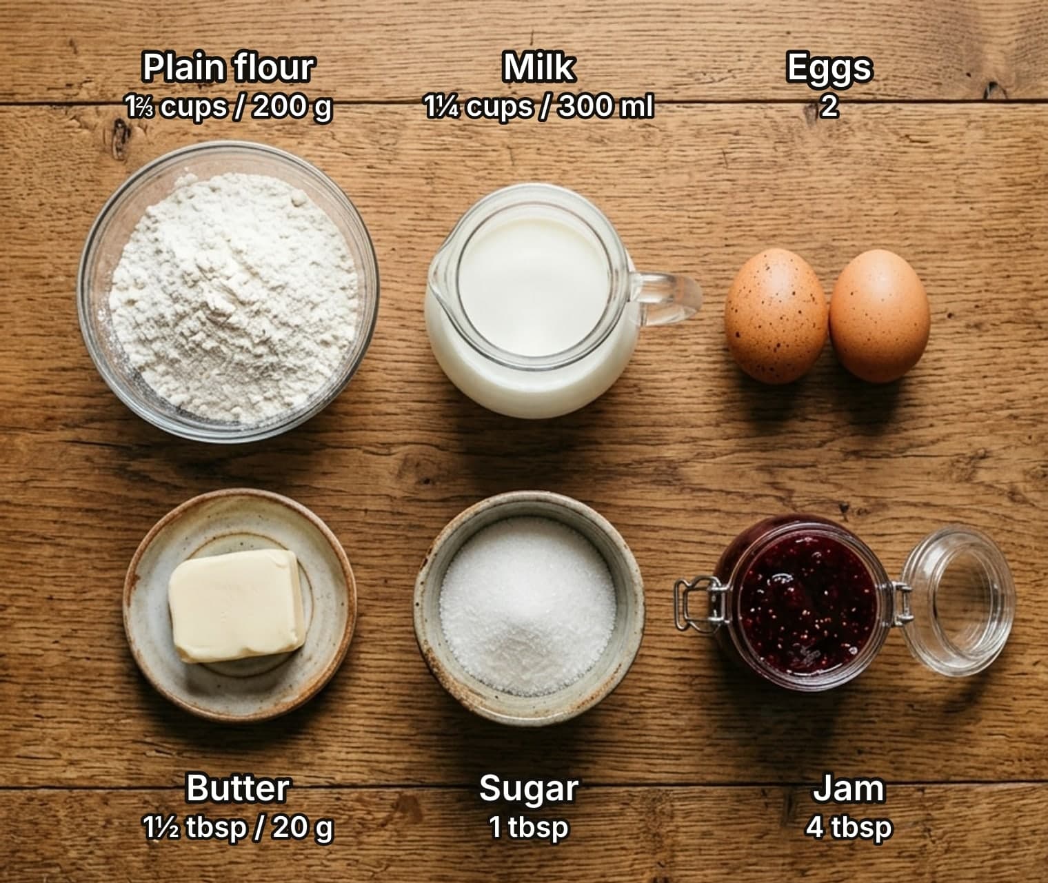 Ingredients for crêpes laid out overhead on a wooden kitchen counter and labelled with quantities: a bowl of plain flour, a jug of milk, two eggs, a pat of butter, a bowl of sugar and an open jar of fruit jam.