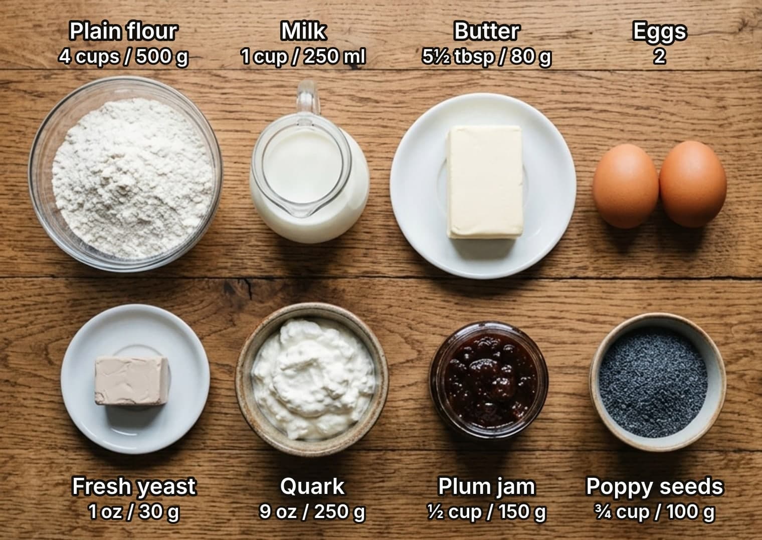 Ingredients for koláče laid out overhead on a wooden kitchen counter and labelled with quantities: a bowl of plain flour, a jug of milk, a block of butter and two eggs for the dough, with fresh yeast, a bowl of quark, a jar of plum jam and a bowl of poppy seeds for the fillings.