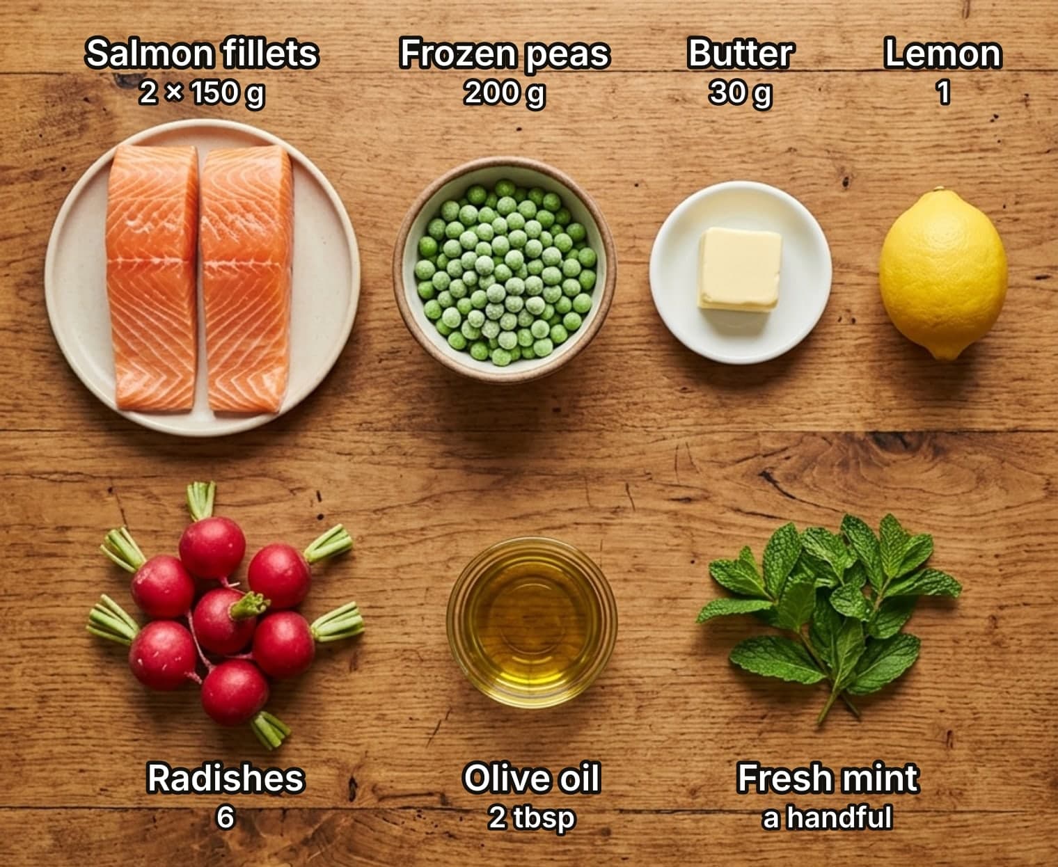 Citrus salmon ingredients laid out overhead on a wooden counter and labelled with quantities: two raw salmon fillets on a plate, a bowl of frozen peas, a small block of butter and a whole lemon across the top; a bunch of red radishes, a small glass dish of olive oil and a bunch of fresh mint below.