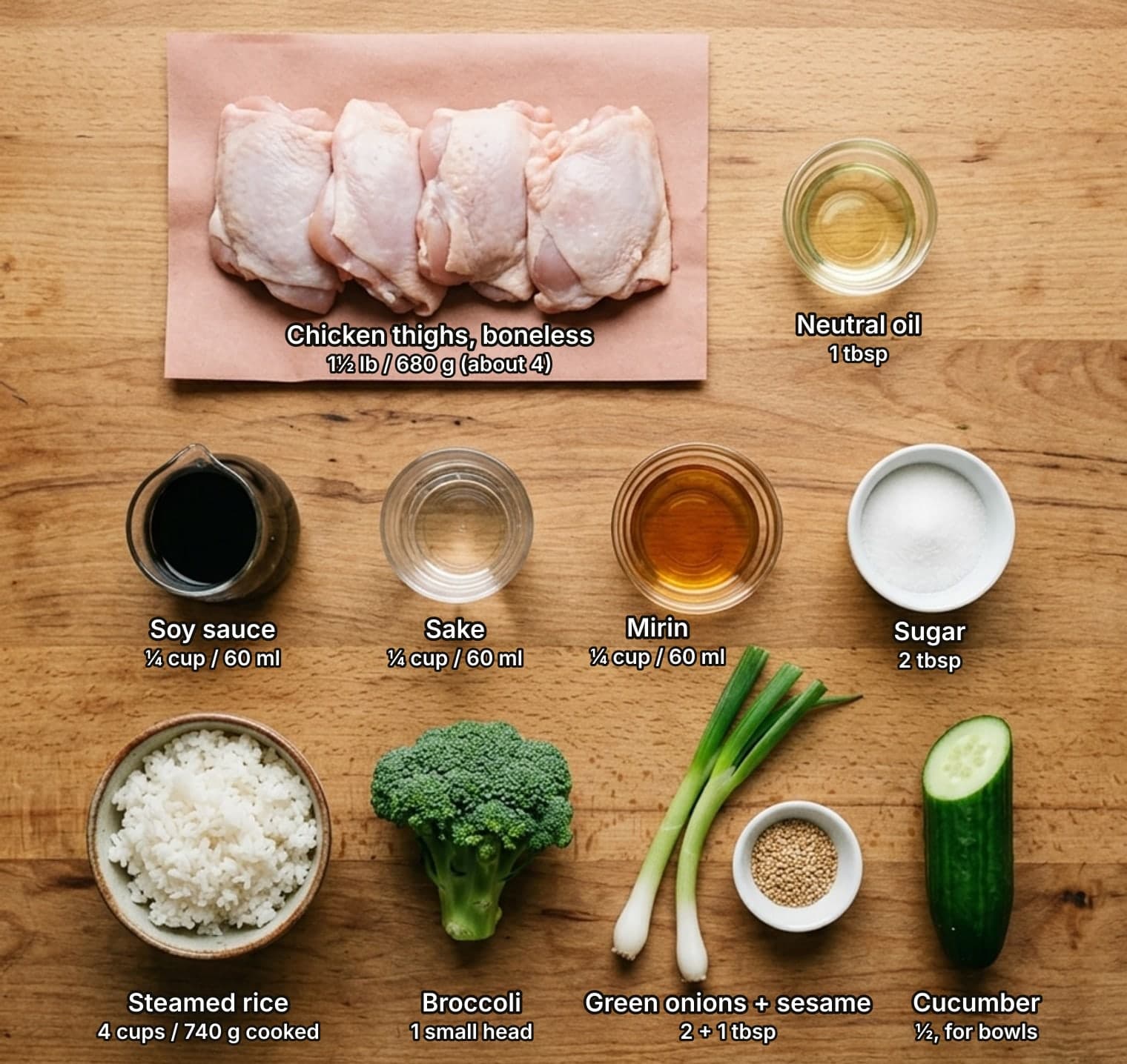 Teriyaki chicken ingredients laid out overhead on a wooden counter and labelled with quantities: raw boneless chicken thighs on butcher paper and a small dish of neutral oil across the top; a small jug of soy sauce, a glass of sake, a bowl of mirin and a bowl of sugar in the middle; a bowl of steamed rice, a head of broccoli, green onions beside a pinch bowl of sesame seeds, and half a cucumber below.