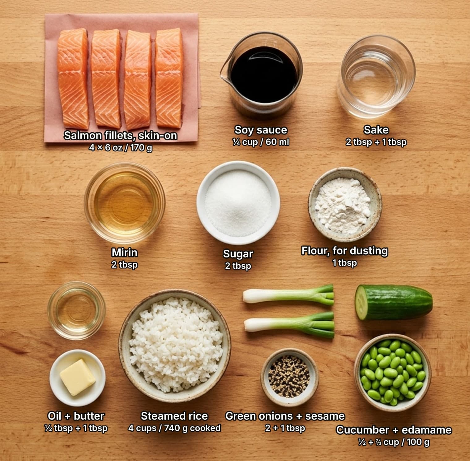 Teriyaki salmon ingredients laid out overhead on a wooden counter and labelled with quantities: four raw salmon fillets on butcher paper, a small jug of soy sauce and a glass of sake across the top; bowls of mirin, sugar and flour in the middle; a dish of neutral oil with a pat of butter, a bowl of steamed rice, green onions with a pinch bowl of sesame seeds, and half a cucumber above a bowl of shelled edamame below.