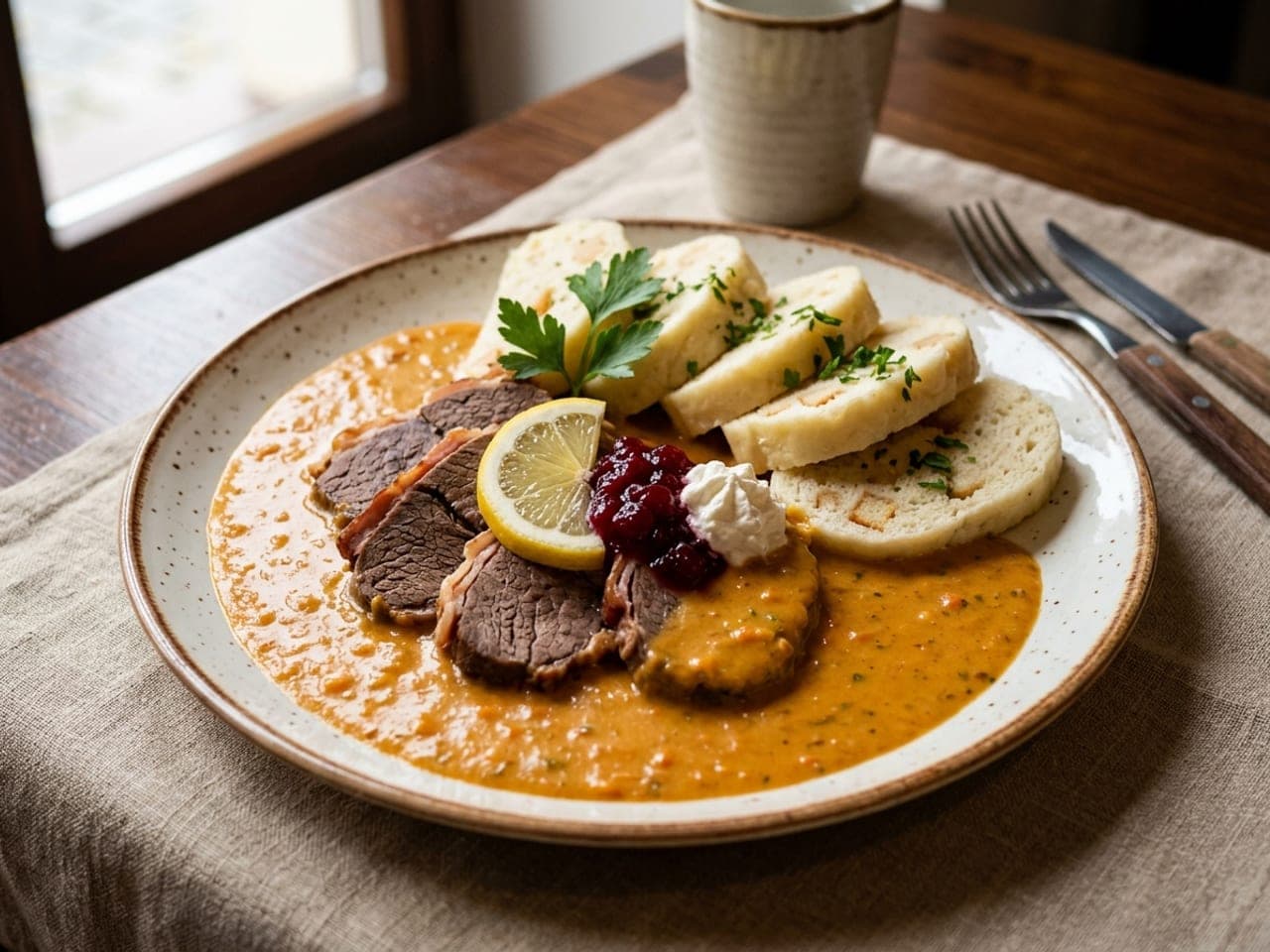 Svíčková (beef sirloin in creamy vegetable sauce)