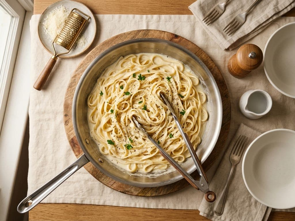 Alfredo Sauce — The skillet in the middle of the table