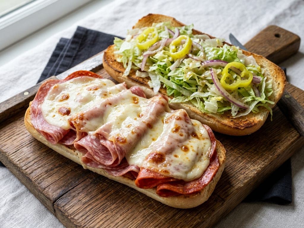 Italian Grinder Sandwich — Open-faced, the moment before it closes