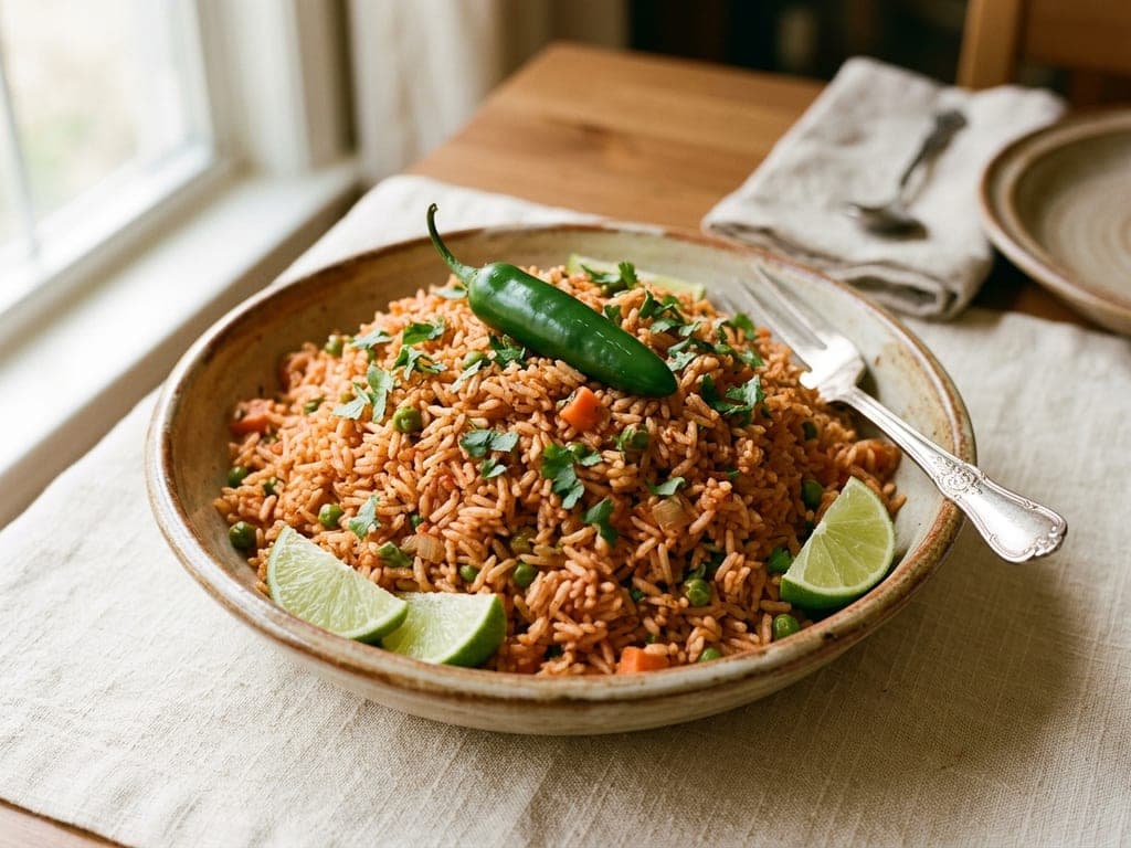 Spanish Rice — The family bowl, serrano on top