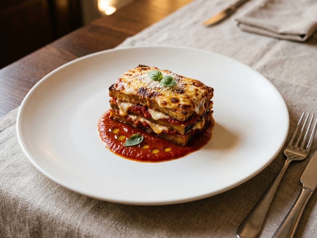 Eggplant Parmesan — The restaurant cut: a clean block over a sauce pool